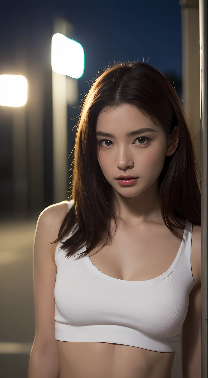 ((Realistic lighting, Best quality, 8K, Masterpiece: 1.3)), Clear focus: 1.2, 1girl, Perfect Figure: 1.4, Slim Abs: 1.1, ((Dark brown hair)), (White crop top: 1.4), (Outdoor, Night: 1.1), City streets, Super fine face, Fine eyes, Double eyelids,