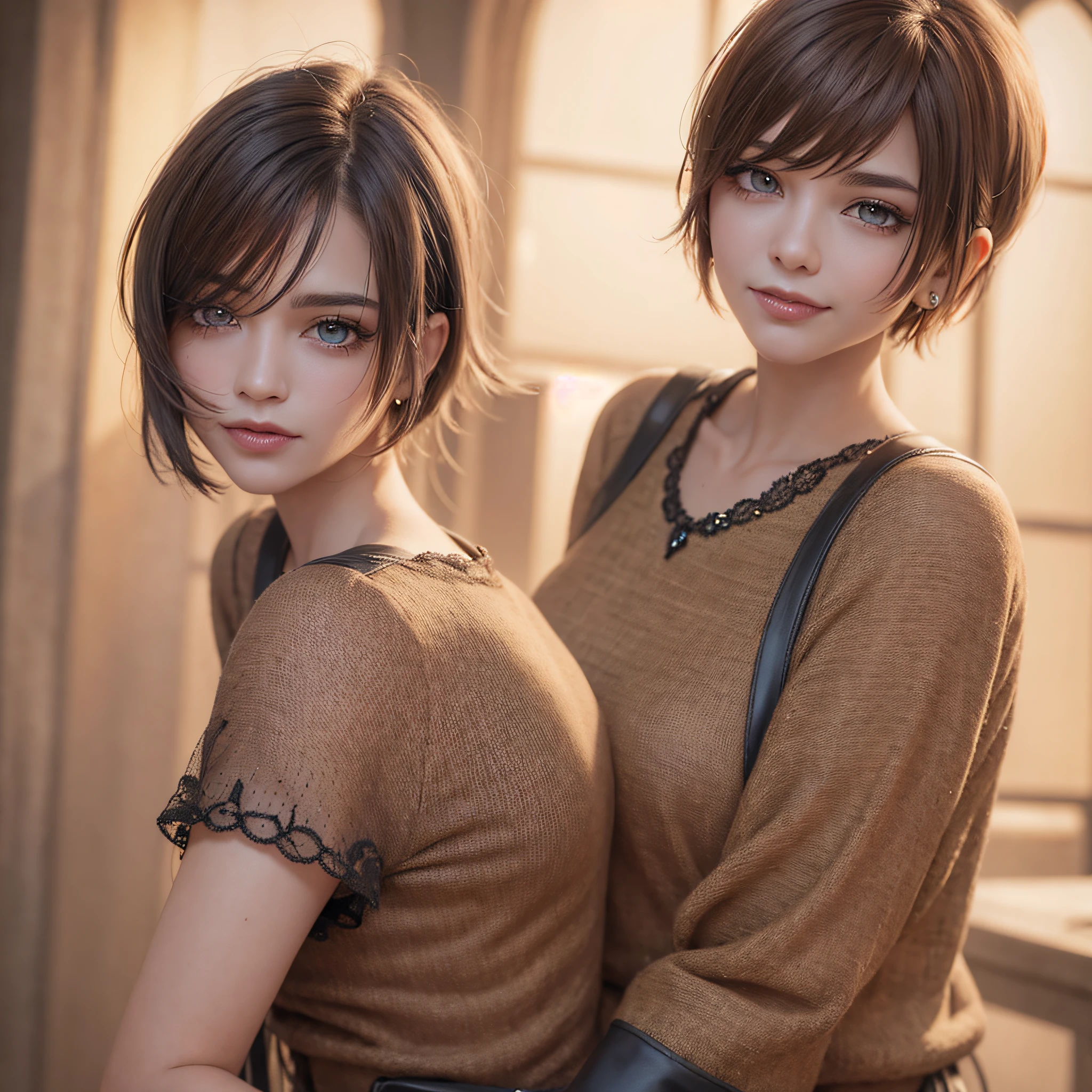 brown short cut hair, smile,