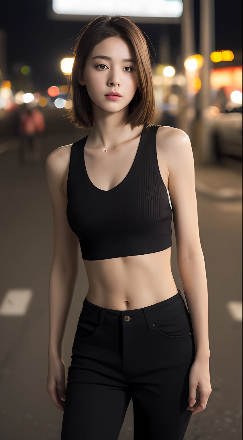 ((Realistic lighting, Best quality, 8K, Masterpiece: 1.3)), Clear focus: 1.2, 1girl, Perfect Figure: 1.4, Slim Abs: 1.1, ((Dark brown hair)), (White crop top: 1.4), (Outdoor, Night: 1.1), City streets, Super fine face, Fine eyes, Double eyelids,