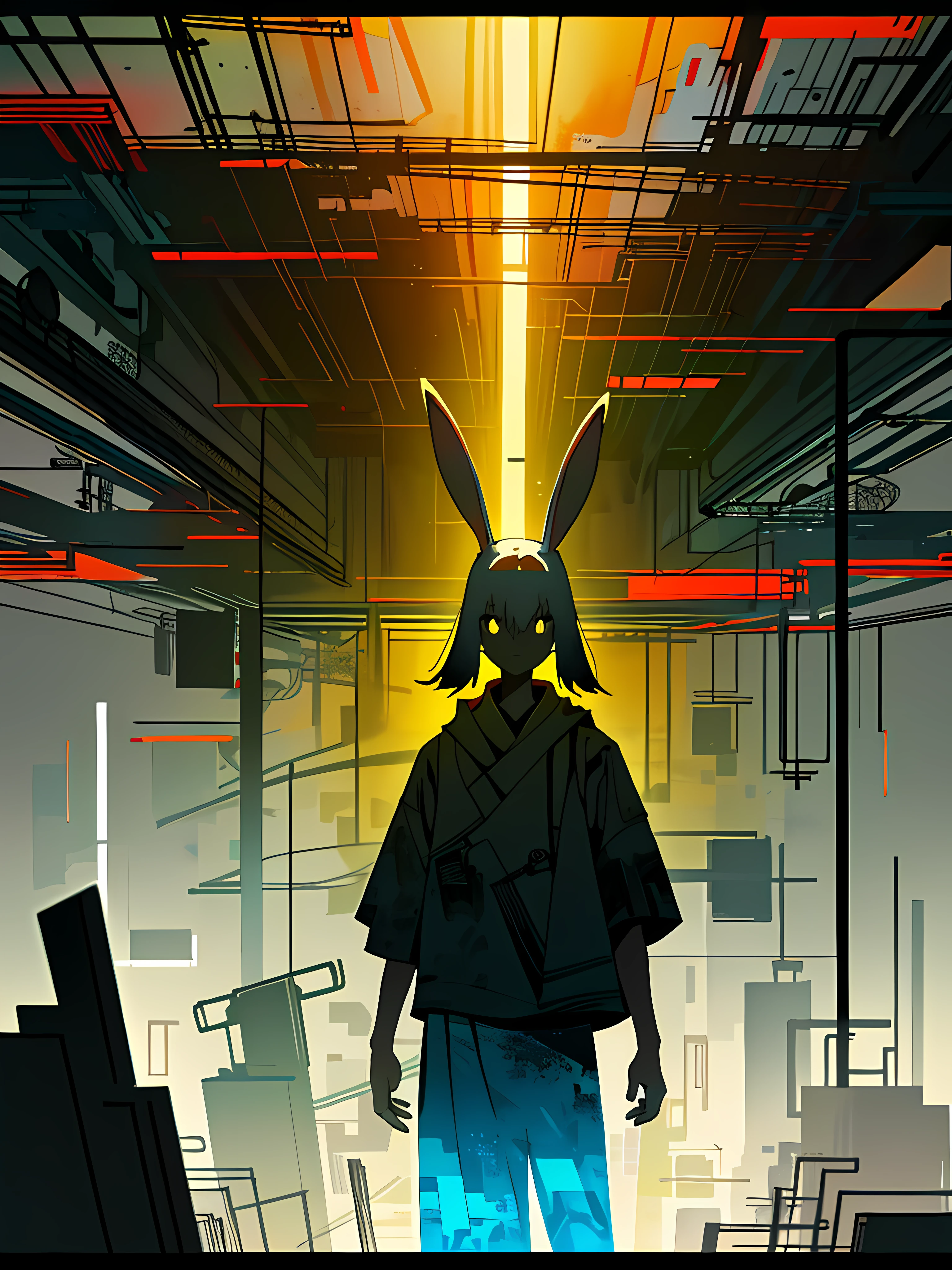 (blame! style abandoned tech landscape), (Zen, Amy Sol style), (underground, dark, foggy, perilous, abandoned dystopian apartment bedroom, deep windows), (abstract anthro rabbit figure wearing bunny ears), cover art with light abstraction, abstract, simple vector art, contemporary Cybernetic art, color gradients, soft color palettes, layered forms, whimsical animation, style Ethereal abstract, 4K, --v6
