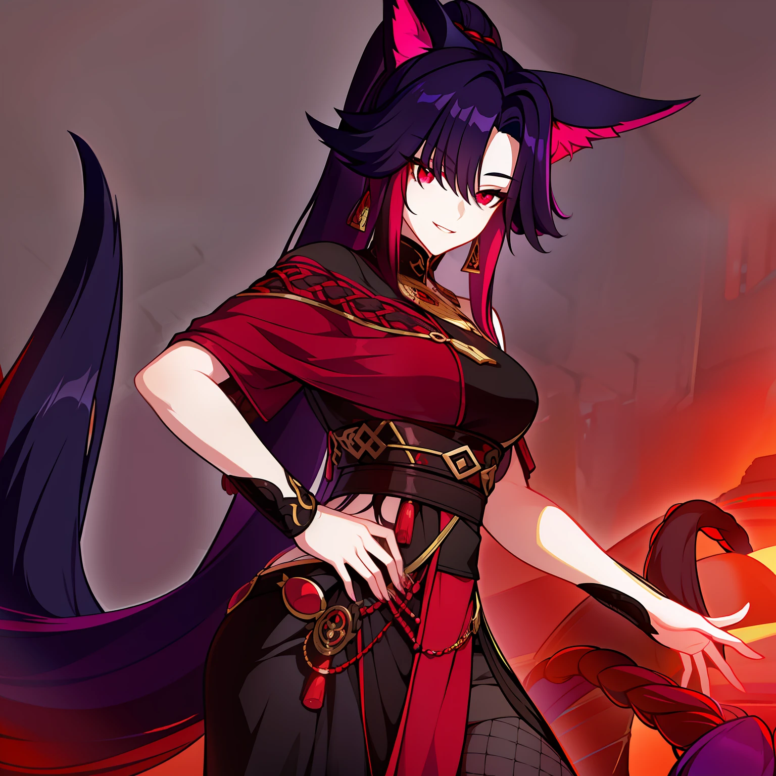 Young guy, pretty facial features, long dark purple hair, half gathered in messy ponytail, half loose, dangerous bright red eyes, black fit clothes with many jewels, fox ears and tail, mad smile