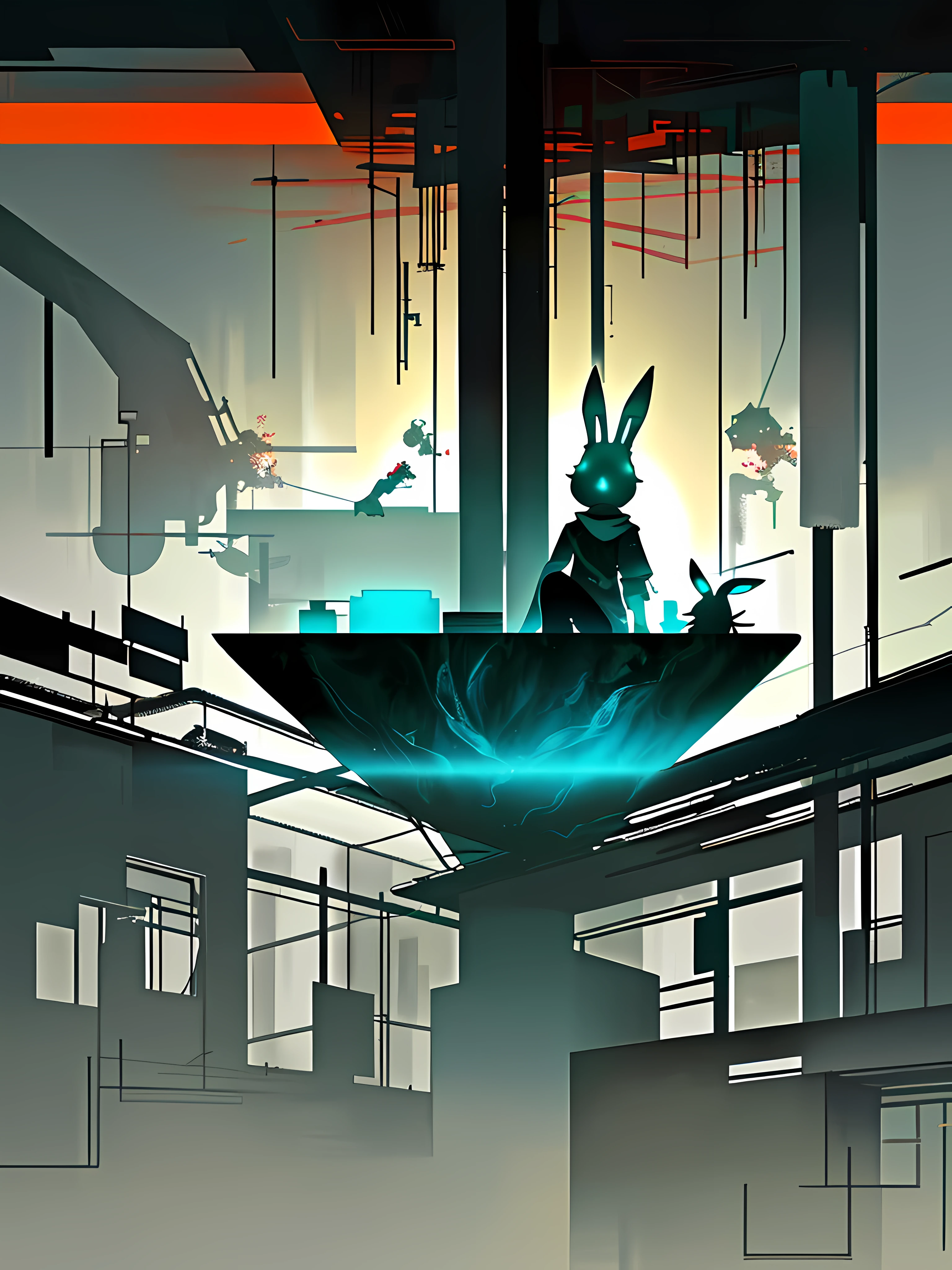 (blame! style abandoned tech landscape), (Zen, Amy Sol style), (underground, dark, foggy, perilous, abandoned dystopian apartment bedroom, deep windows), (abstract anthro rabbit figure wearing bunny ears), cover art with light abstraction, abstract, simple vector art, contemporary Cybernetic art, color gradients, soft color palettes, layered forms, whimsical animation, style Ethereal abstract, 4K, --v6