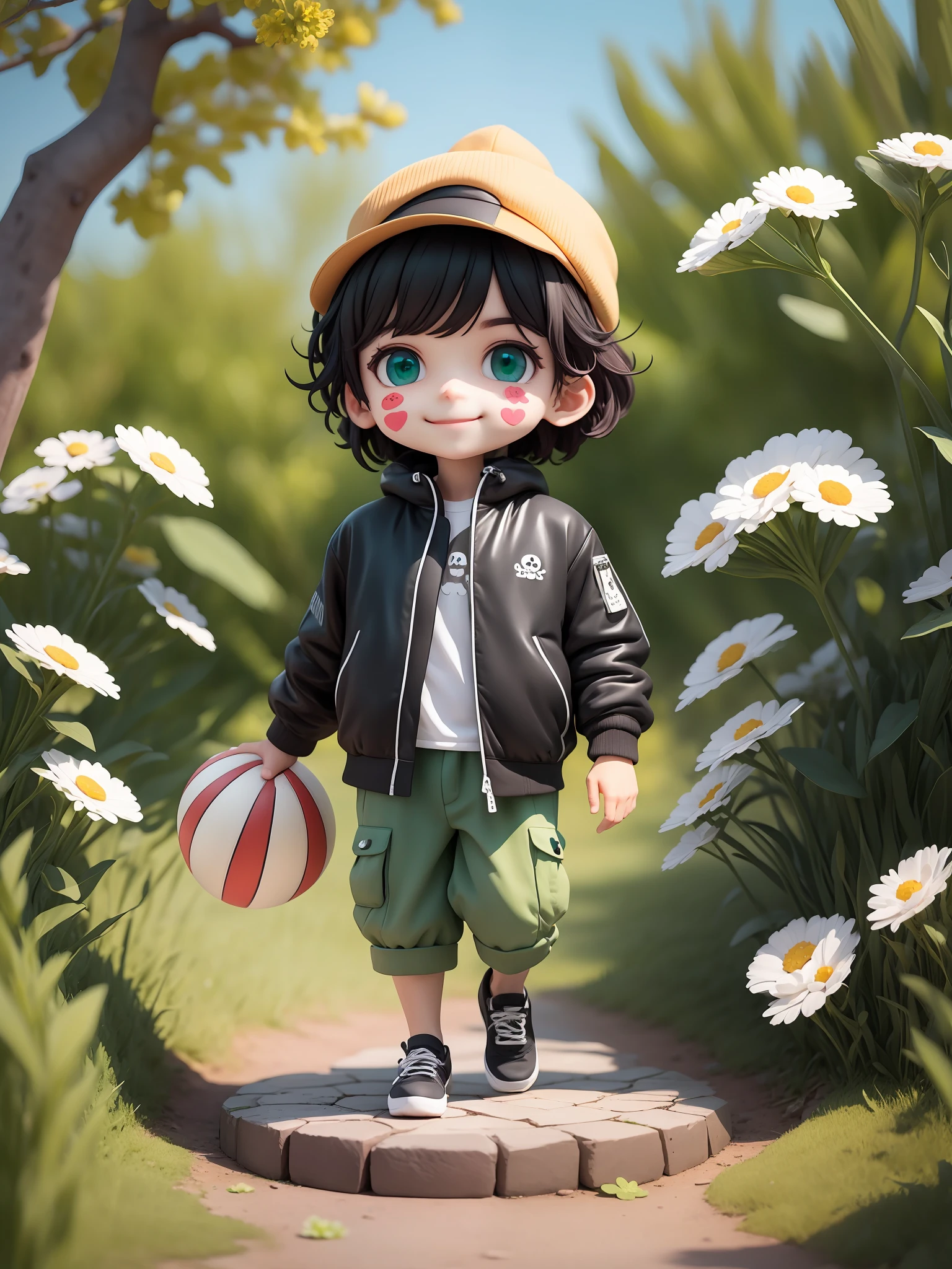 (masterpiece),(best quality),(ultra-detailed), (full body:1.2), 1boy,chibi,cute, smile, outdoors, playing ball, Hat black, Ball, jacket white, blush, tree, shirt, short hair, green flower, blurry, Black hair, skull stickers, long sleeves,balck hair, green flower, (handsome detailed face), (beautiful detailed eyes),detailed ball street,shoes black