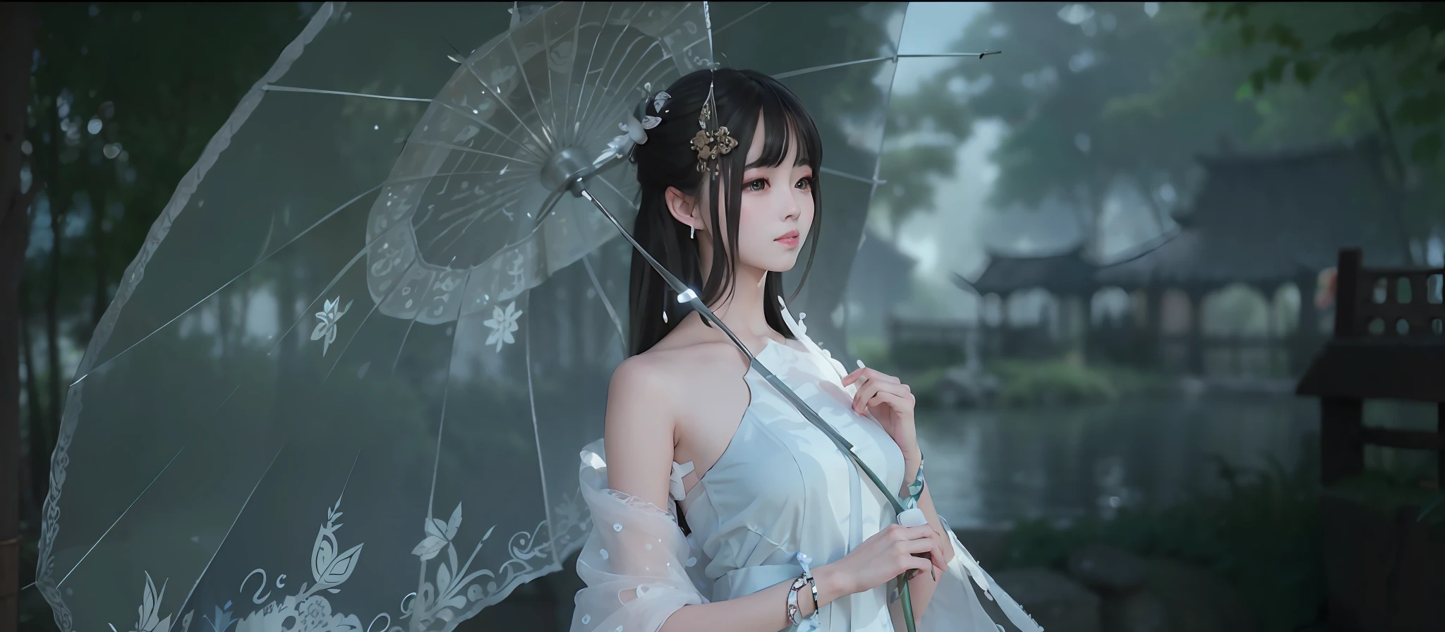 tmasterpiece,best qualtiy,offcial art,8k wallpaper,The is very detailed,illustratio,Plain white long dress,A white cloth was wrapped around the chest,Reduces chest exposure,1个Giant Breast Girl,Black hair,long whitr hair,Umbrella in hand,Detailed eyes,A piece of tulle covers the chest,exposed bare shoulders,long skirt,Hanfu,lakes,Pure,softl smile,bamboos,teas