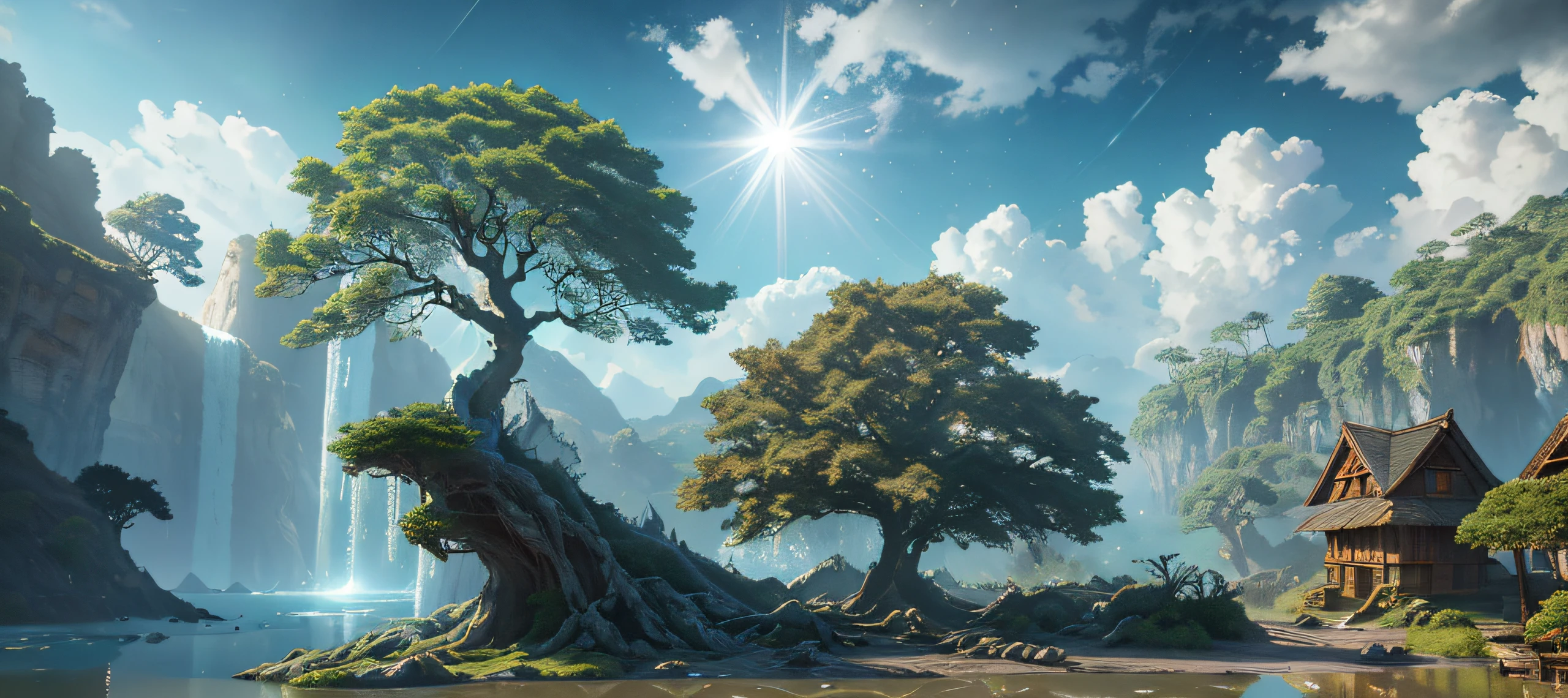 Masterpiece, best quality, high quality, highly detailed CG unity 8k wallpaper, surreal giant cyan rain tree in a futuristic prehistoric village, splashing water, sandy debris, lens flare, sun axis, fluffy clouds, ultra detailed, HDR, bloom, photorealistic, ultra detailed