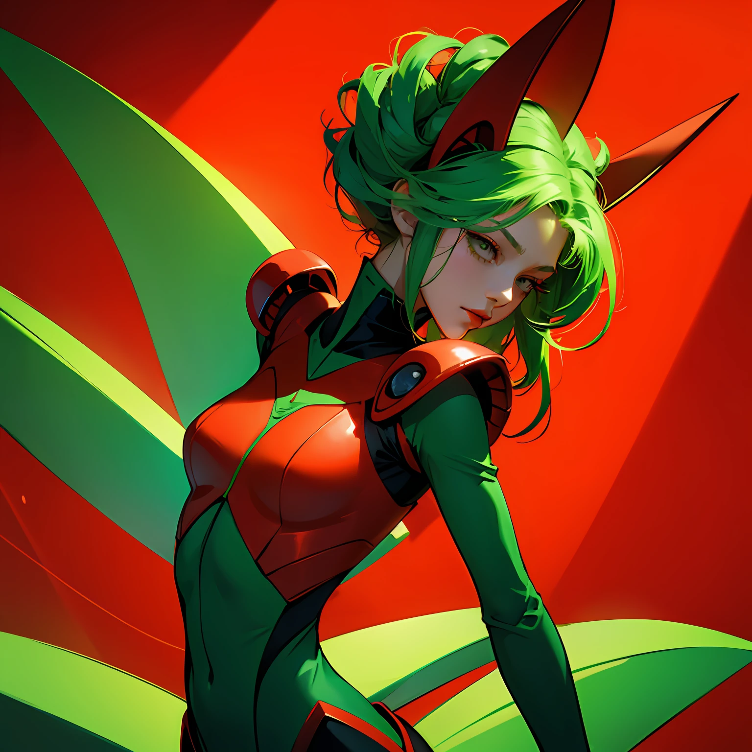 Cartoon photo of a woman in a green and red costume、Hot Insect Humanoid Female、Scarabeleploid、tail、Cel Shade Adult Animation、Alien Queen