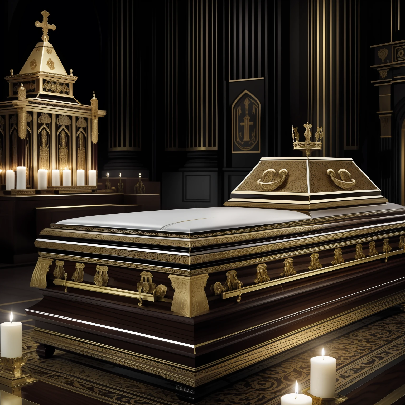 Subject: King Louis IX's Casket - Awe-Inspiring Regal Repose
Description: In this awe-inspiring photograph, King Louis IX's casket lies in solemn repose, exuding a sense of regal elegance. The casket is crafted with meticulous attention to detail, boasting rich mahogany wood adorned with elaborate carvings, depicting scenes from the king's life and noble deeds. Golden filigree and intricately crafted metalwork accentuate the casket's splendor, signifying the monarch's esteemed status.
Surrounding the casket are flickering candlelights and fragrant flowers, creating a reverent atmosphere for the monarch's final journey. The somber tones of the cathedral add a sense of gravitas to the occasion, as mourners pay their respects to the revered king who ruled with wisdom and piety.
Type of Image: Realistic Photograph
Art Styles: Historical Realism, Regal Repose Photography
Art Inspirations: Historical royal funerals, majestic caskets
Camera: Nikon D6 DSLR
Shot: Wide-angle with a 35mm lens
Render Info: High-resolution 4K, capturing the regal elegance of King Louis IX's casket, soft candlelight illuminating the scene, and intricate details of the carvings and metalwork.