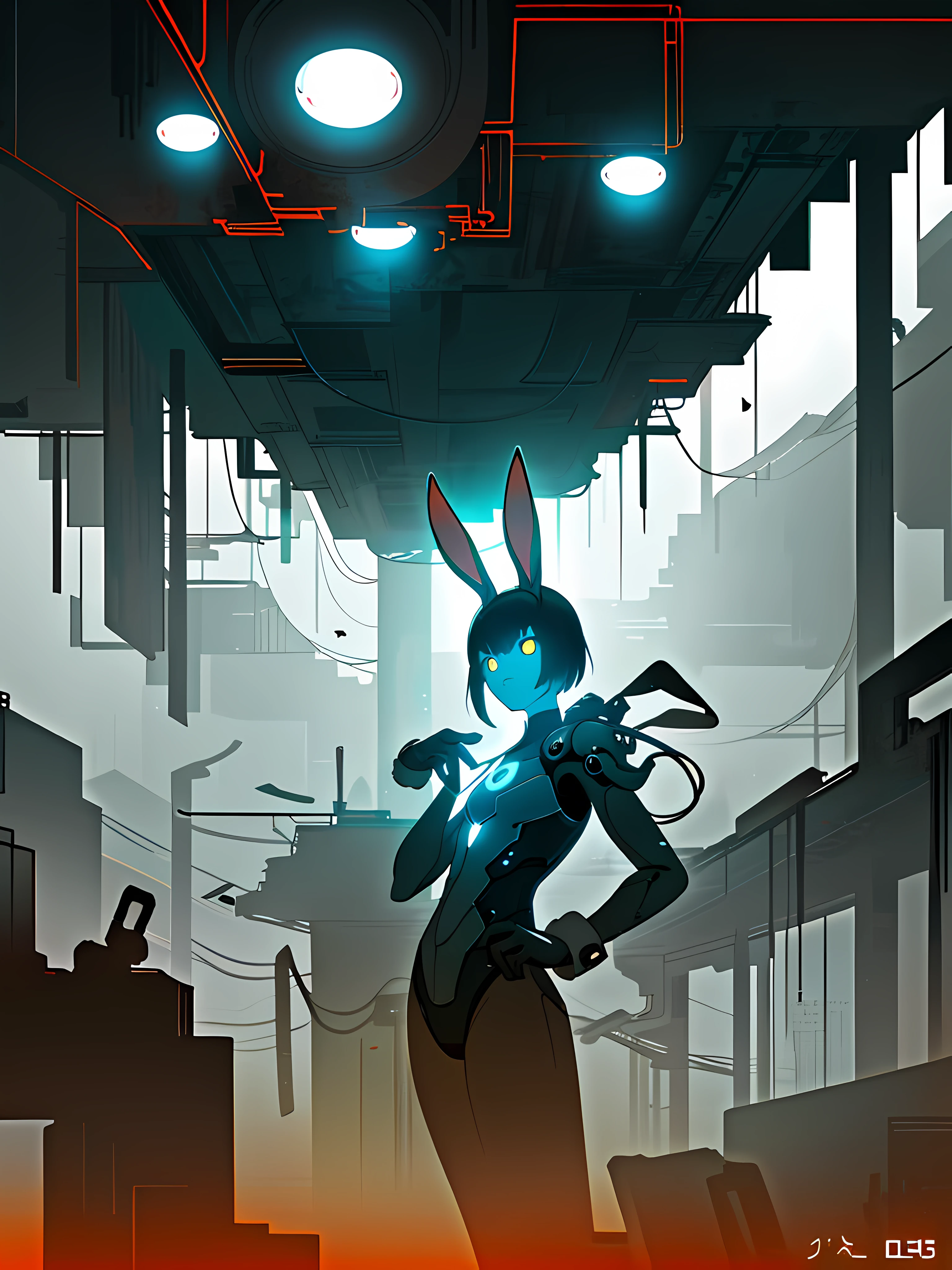 (blame! style abandoned tech landscape), (Zen, Amy Sol style), (underground, dark, foggy, perilous, abandoned dystopian apartment bedroom, deep windows), (abstract anthro rabbit figure wearing bunny ears), cover art with light abstraction, abstract, simple vector art, contemporary Cybernetic art, color gradients, soft color palettes, layered forms, whimsical animation, style Ethereal abstract, 4K, --v6