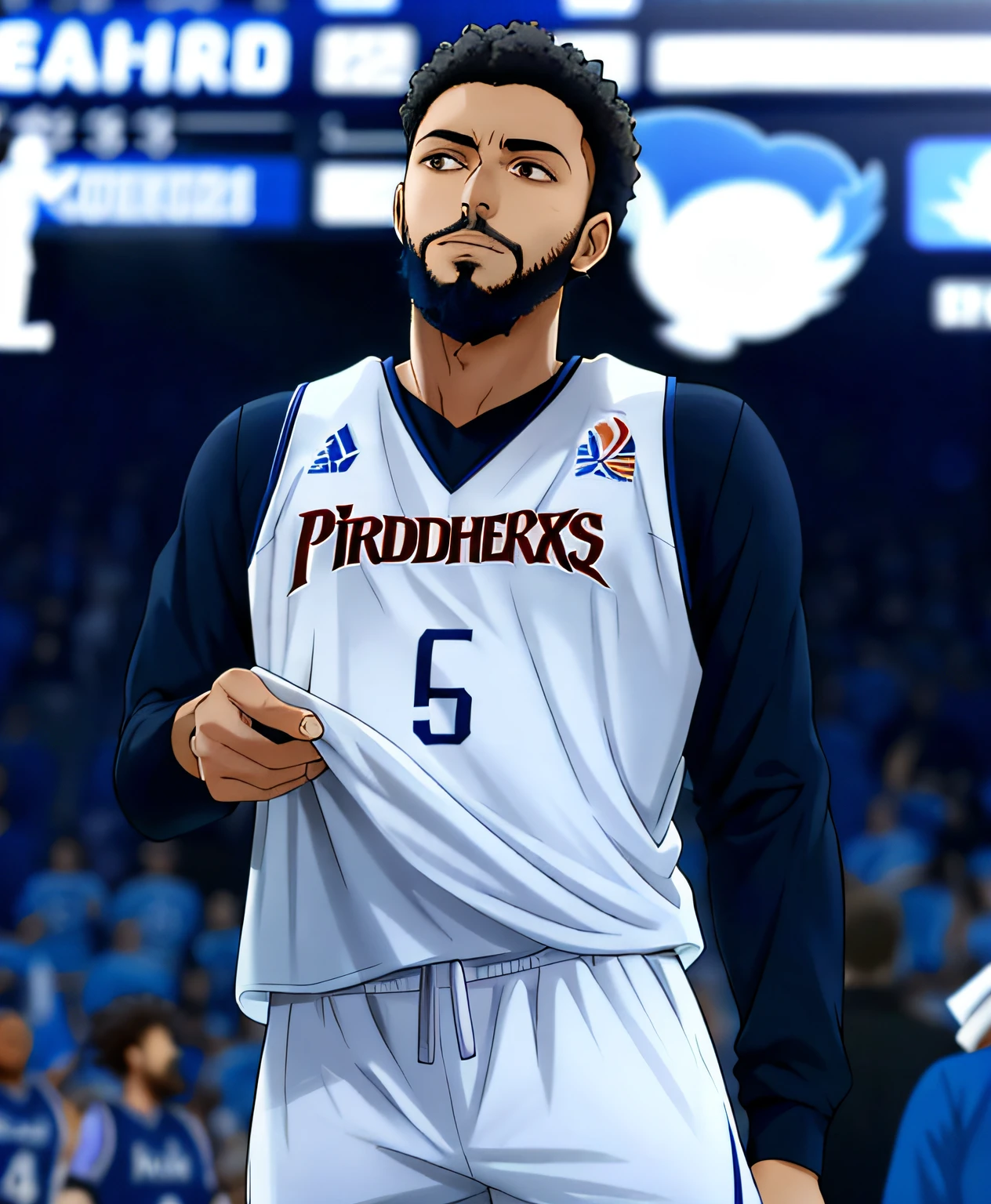 Arafeld basketball player with a beard and white jersey, nipsey hussle, Edited, Phoenix, taken in the early 2020s, center focused, profile shot, chris saunders, cover shot, wearing NBA jersey, cooling, 🚿🗝📝, A phoenix, Wallpaper phone, Expressive!!!!!, portrait mode photo, looking to his side