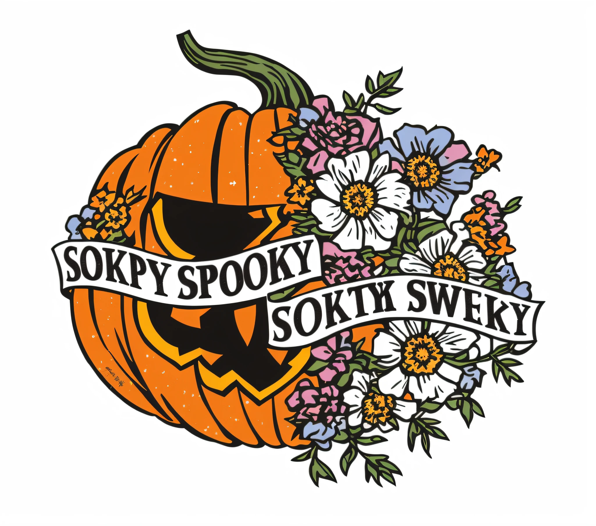 Close-up of pumpkin with banner and flowers, sotn, Spooky, Scary and eerie, spooky halloween theme, spooky filter, Weird weird, spooky halloween night, 🌸 🌼 💮, spooky halloween fun, spooky and scary atmosphere, author：Tom Scott RSA, spooky photo, author：Maria Johanna Geertz, Sots Art, official print, Official artwork，Vintage illustration，Retro，Graphic illustration，planar