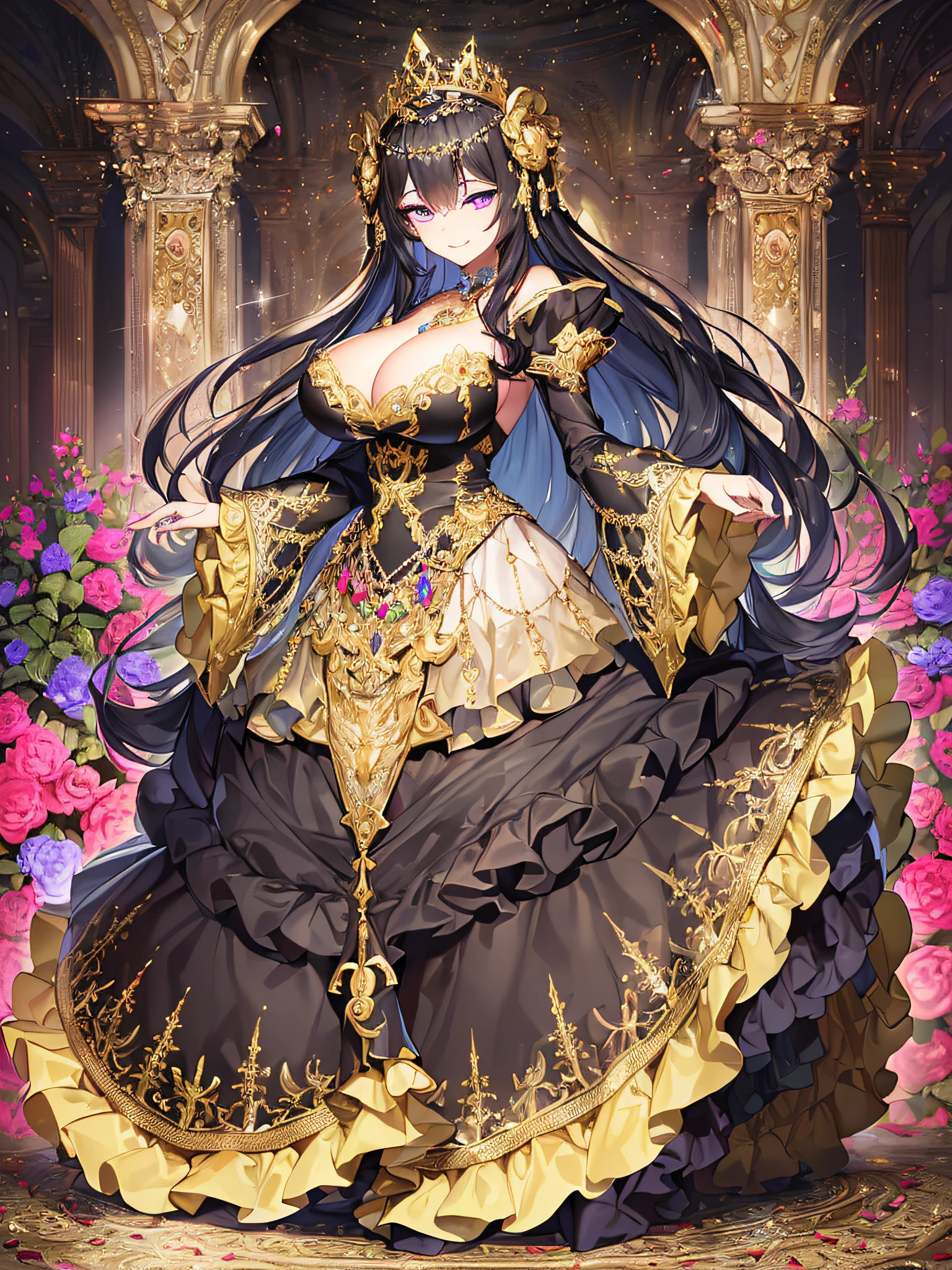 ((anime artstyle)),(Masterpiece),(Best Quality), (Super Detail),((Very Delicate and Beautiful)),((Solo)),((full body)),((one arrogant queen in glitter jeweled black and gold gorgeousfull rococo ball gown with voluminous fluffy skirt)),((BlingBling)),((arrogant)),((arrogant and naughty smile)),(Purple eyes),Sharp eyes,detailed face and eyes,jewel-like eyes,((Very Long voluminous black Hair)),Straight Hair,((Bangs between eyes)),((gorgeousfull embroidery and lace)),gorgeous corsage,See-through,gorgeousfull BlingBling hair ornament,gorgeousfull glitter jeweled tiara,ornate ruffles,((gigantic breasts,Long breasts)),skindentation,((full body)),((hoop skirt,crinoline)),Dynamic Angle,Looking at viewer,(((gorgeous embroidery and glitter jeweled black and gold gorgeousfull rococo ball gown with voluminous fluffy skirt))),(full body)