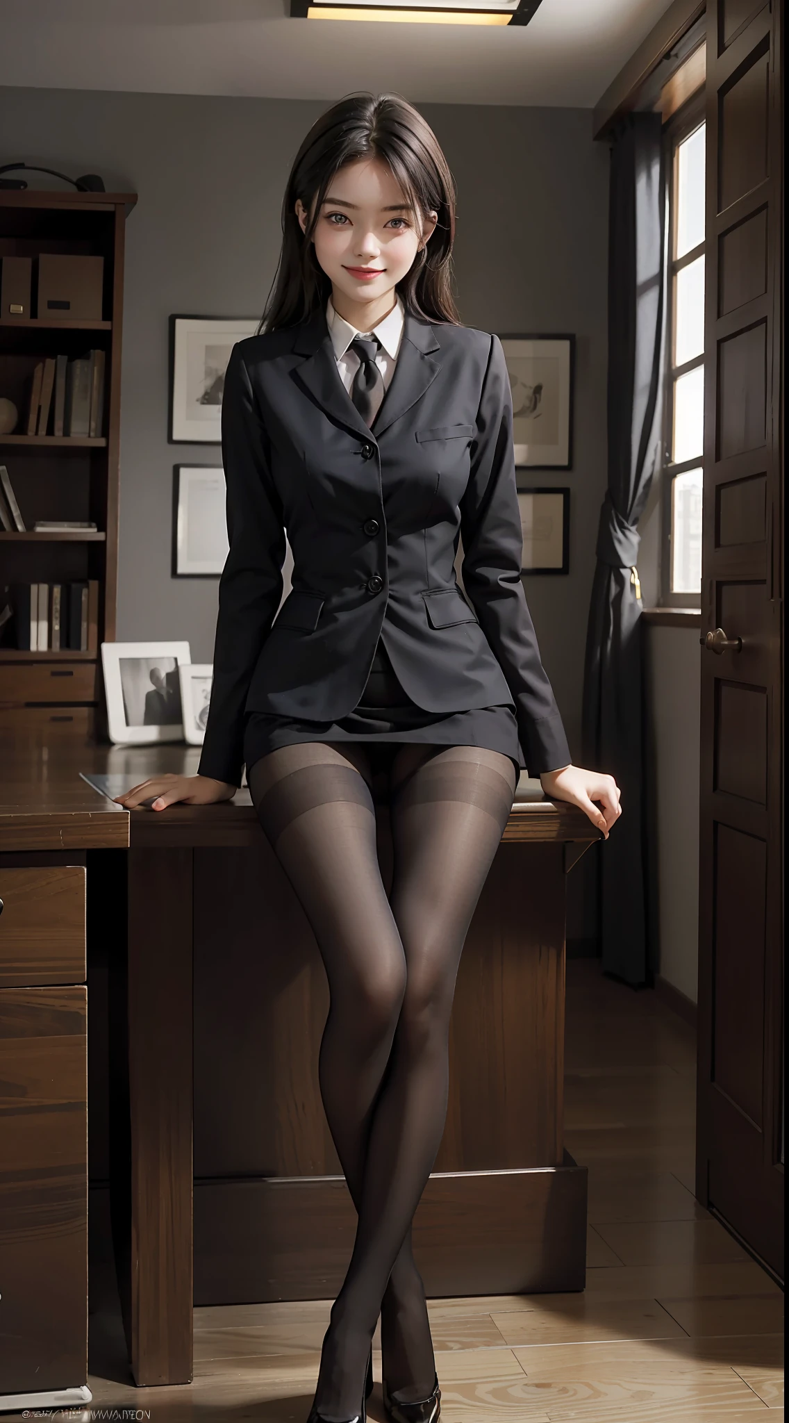 Best Quality, Full Body Portrait, Cinematic Texture Shots, Delicate Face, Beautiful Face, 20 Year Old Woman, Smiling, Slim Figure, Small Bust, OL Uniform, Office Wear, (Black Pantyhose), (No Panties), Interior Scene, Office, Seated