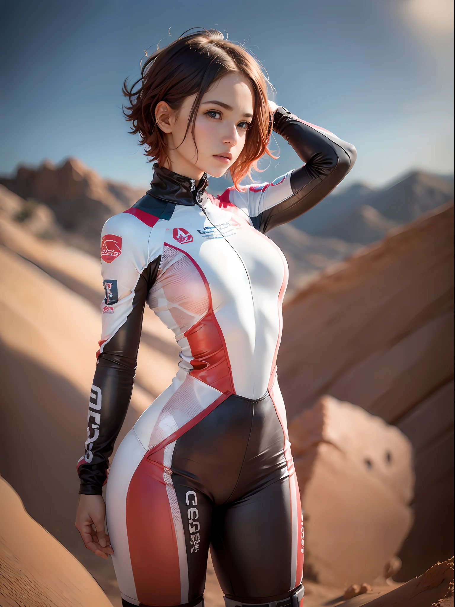 Racing suit, desert, (inspired by the Avengers), short red hair, one-piece gel pants, machine girl, safety rating, big ass, (8k, raw photos, photorealistic: 1, 25), (lots of lip gloss, lots of eyelashes, top quality, ultra high resolution, depth of field, chromatic aberration, wide light, natural colors, distant images (1:2)