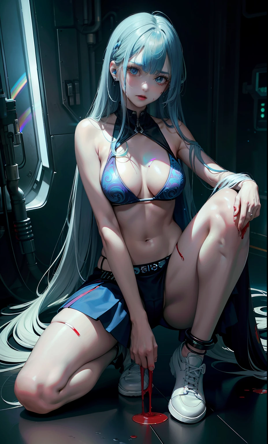 Masterpiece, Best Quality, Girls, Slender, Blue Eyes, Hair Color, Rainbow, Long Hair Spreading, White Skin, Blood Vessels on Arms and Chest, Medium, Cute, Sexy, Near Future, Cyberpunk, Bikini, Exposed Skin, Night, Psychedelic, Trip, Highly Colored, Paisley Themes, Open Legs, Mechanical Left Arm, Full Body