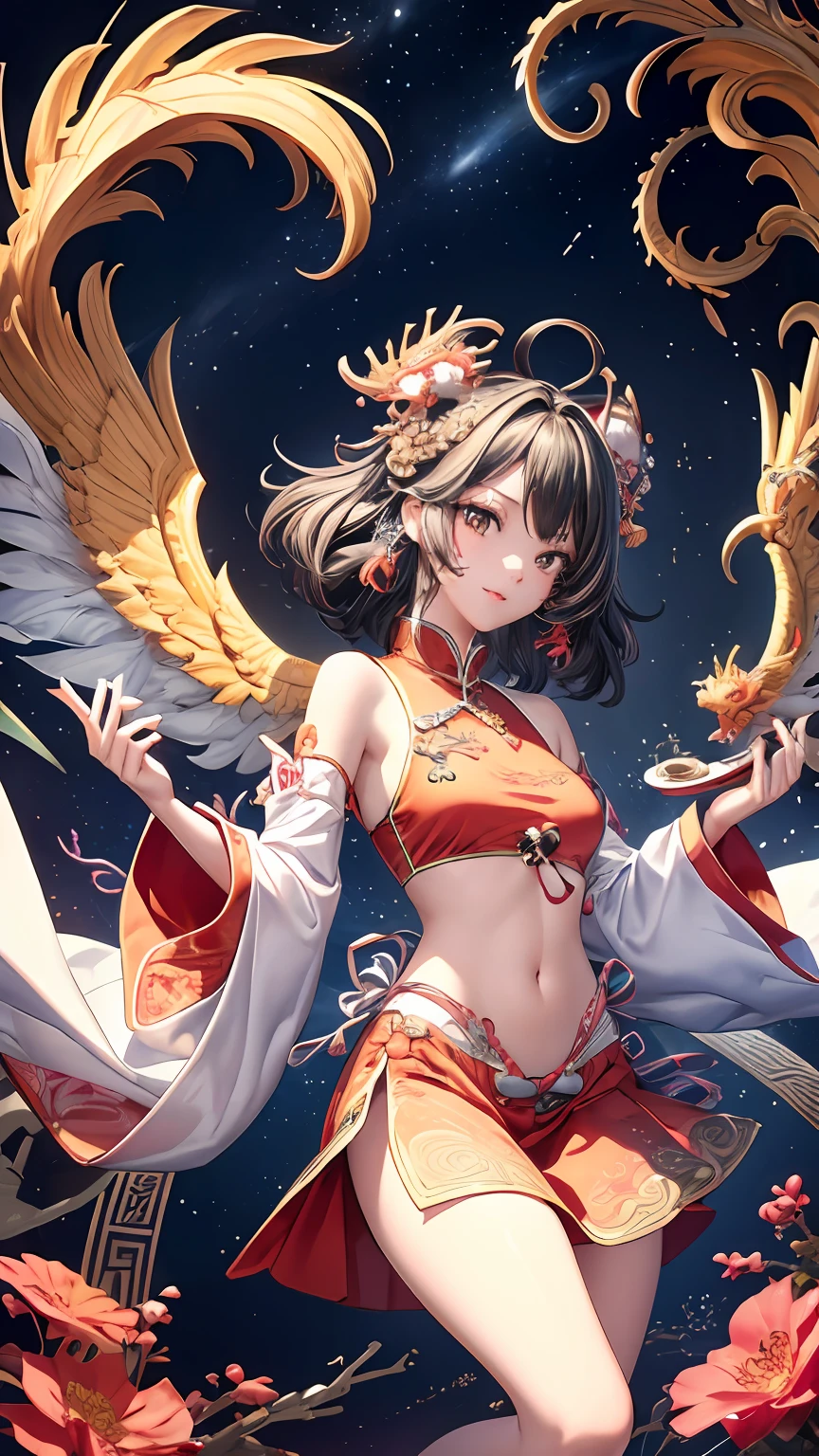 Official Art, Unified 8K Wallpapers, Ultra Detailed, Beautiful and Aesthetic, Masterpiece, Best Quality, (Zentangle, Tangle, Entangle), (fractal art: 1.4), 1girl, black hair, Chinese, bare shoulders, short skirt, calf, navel, very detailed, dynamic angle, cowboyshot, (most beautiful form chaos), flowing, (bright colors), oc, (half: 1.2), china, (thangka flying sky: 1.5), (ribbon: 1.3), (dream: 1.5), (hanfu: 1.5), Chinese dragon, Chinese phoenix, (smile: 0.5), (Chinese deity),
