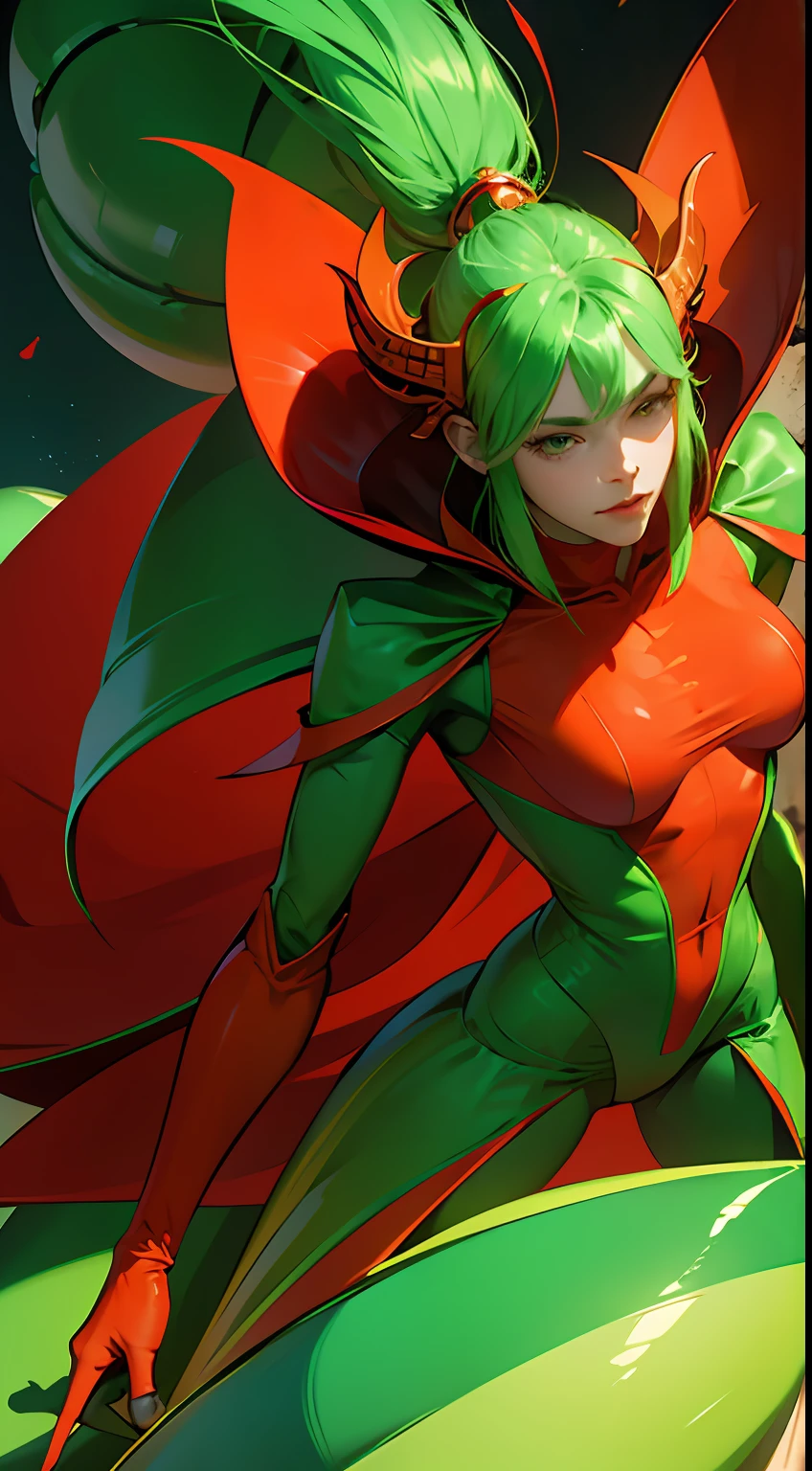 Cartoon photo of woman in green and red costume、Hot insect humanoid female、Scarabeleploid、tail、Cel Shade Adult Animation、Alien Queen