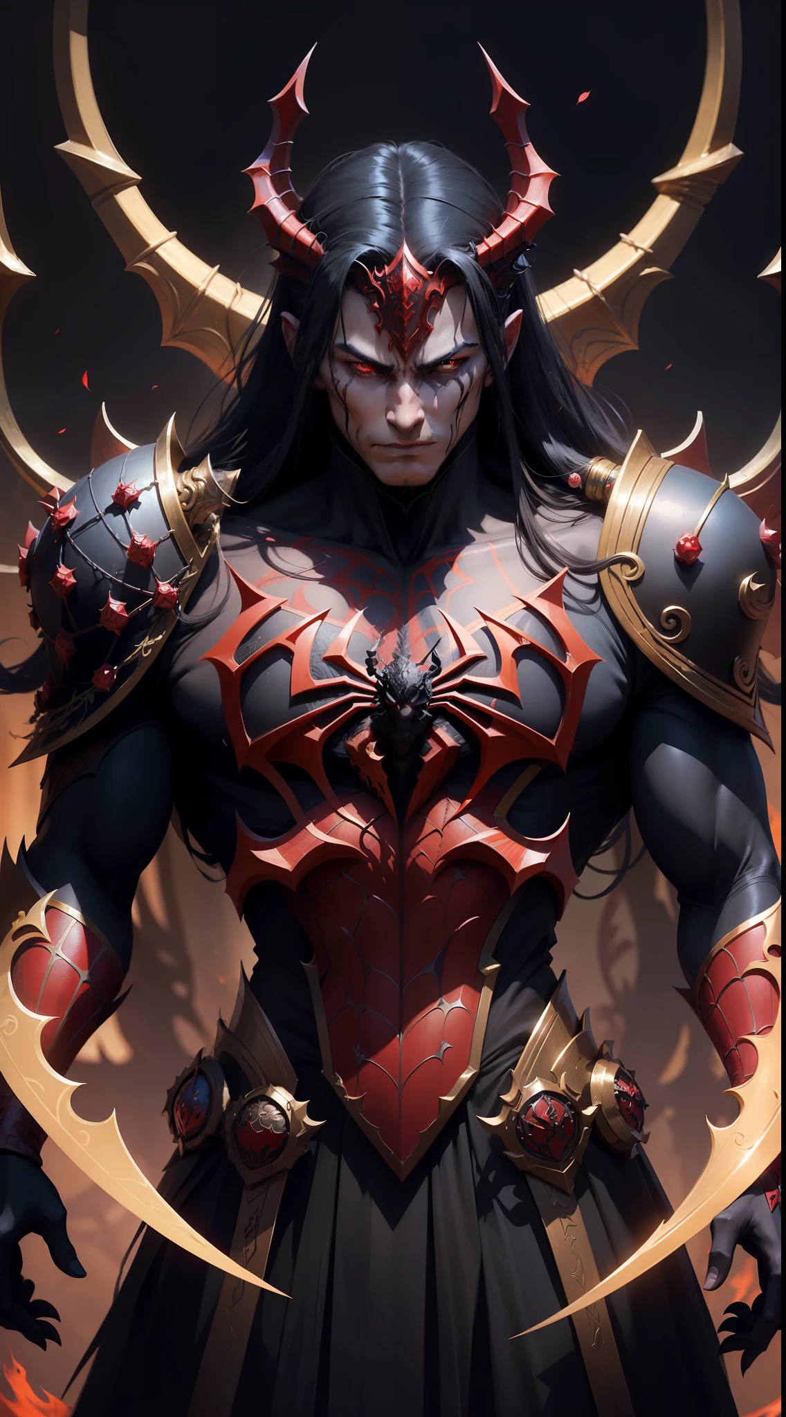 a close up of a spiderman in a costume with a dragon on a black background, beautiful male god of death, ruler of inferno, ornate supreme demon overlord, the god emperor of mankind, onmyoji detailed art, demon noble character design, demonic dragon inspired armor, beautiful elegant demon queen, epic fantasy digital art style, epic fantasy art style hd