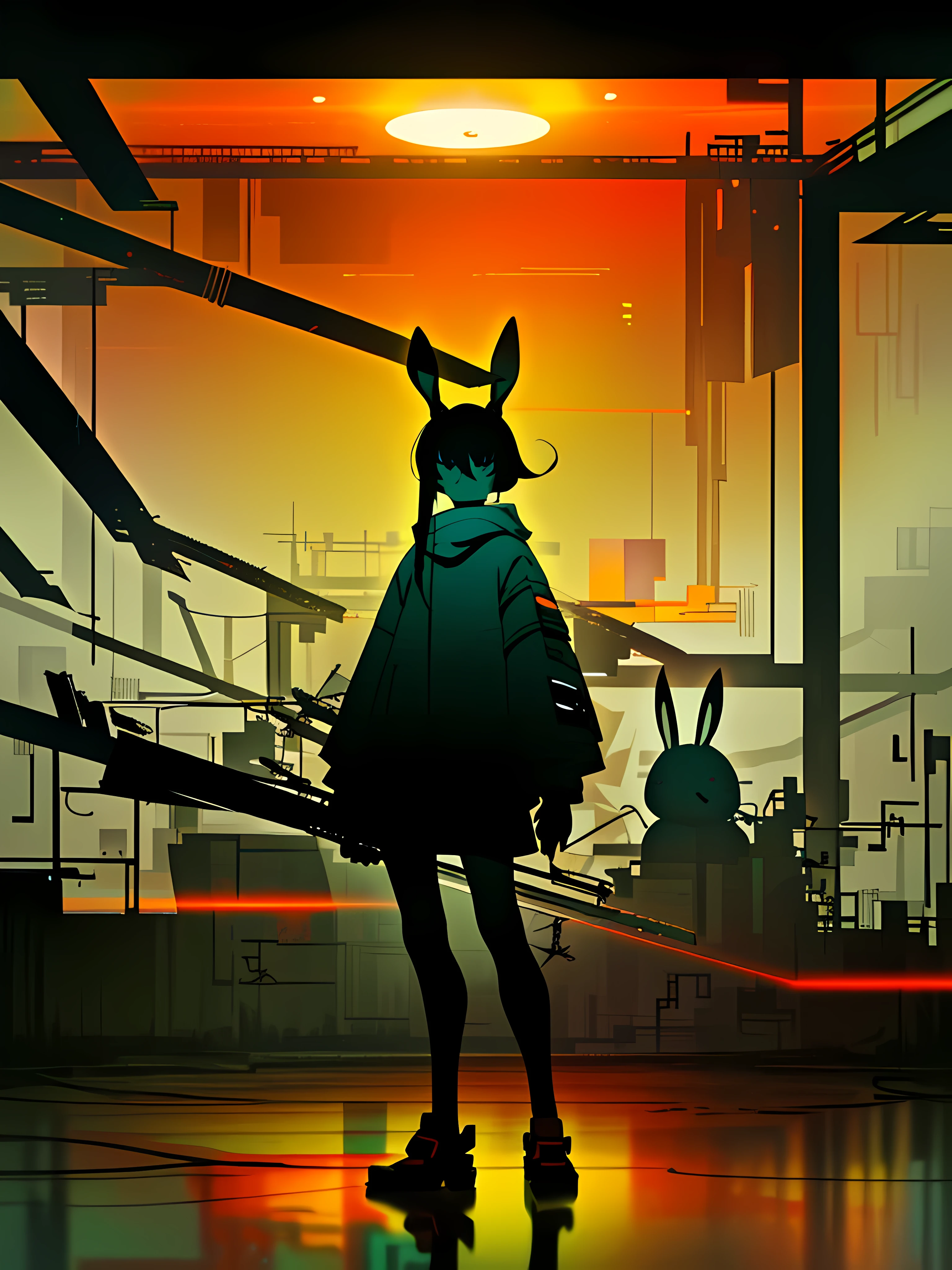 (blame! style abandoned tech landscape), (Zen, Amy Sol style), (underground, dark, foggy, perilous, abandoned dystopian apartment bedroom, deep windows), (abstract anthro rabbit figure wearing bunny ears), cover art with light abstraction, abstract, simple vector art, contemporary Cybernetic art, color gradients, soft color palettes, layered forms, whimsical animation, style Ethereal abstract, 4K, --v6