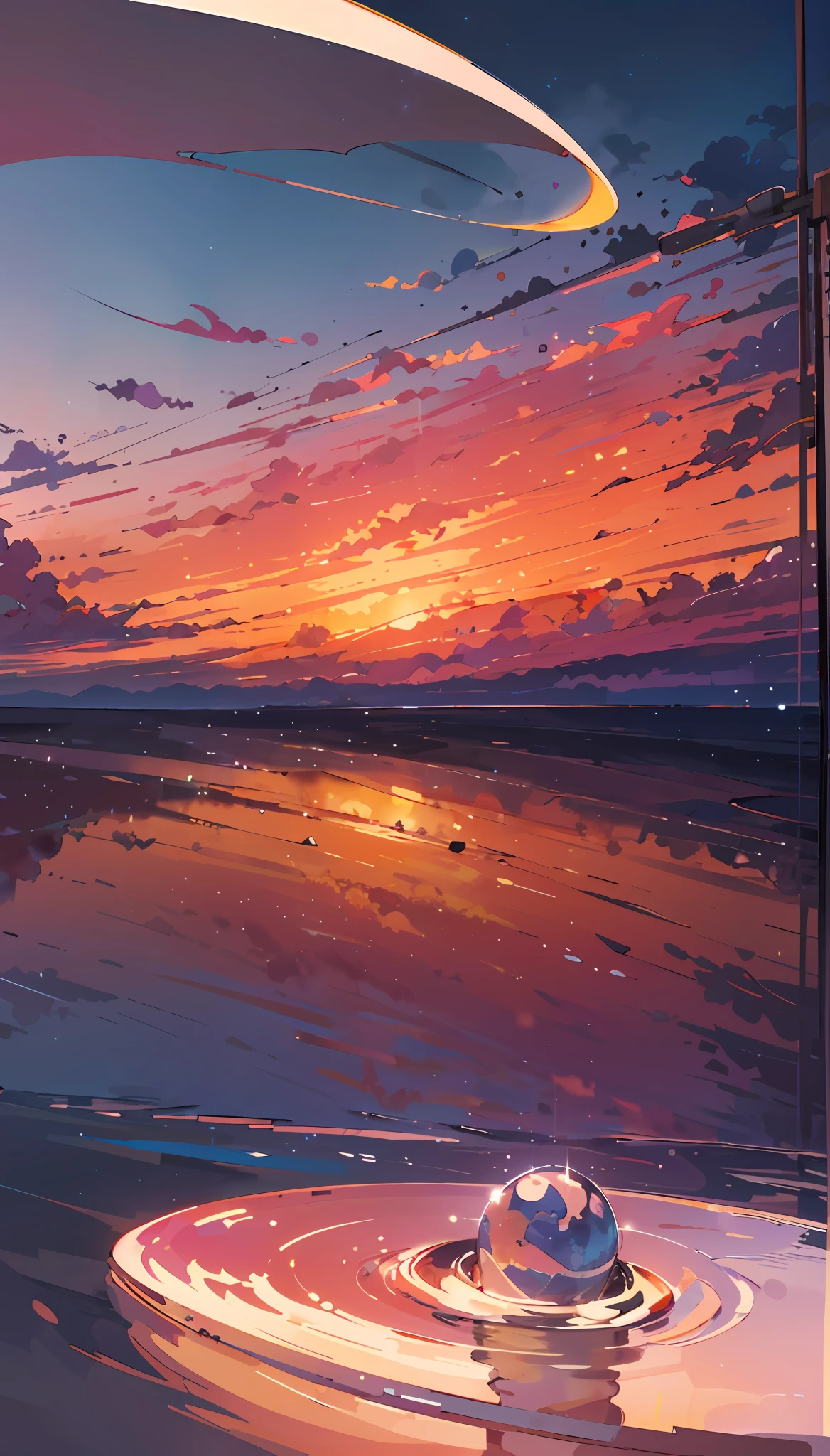 Anime scene with sunset with a drop of water in the middle, Beautiful art UHD 4 K, beautiful sunset glow, sunset illustration, pondering. By Makoto Shinkai, The most beautiful sunset, beautiful anime scenes, Anime background art, Cosmos Sky. By Makoto Shinkai, Beautiful sunset, anime beautiful peace scene, Detailed scenery —width 672