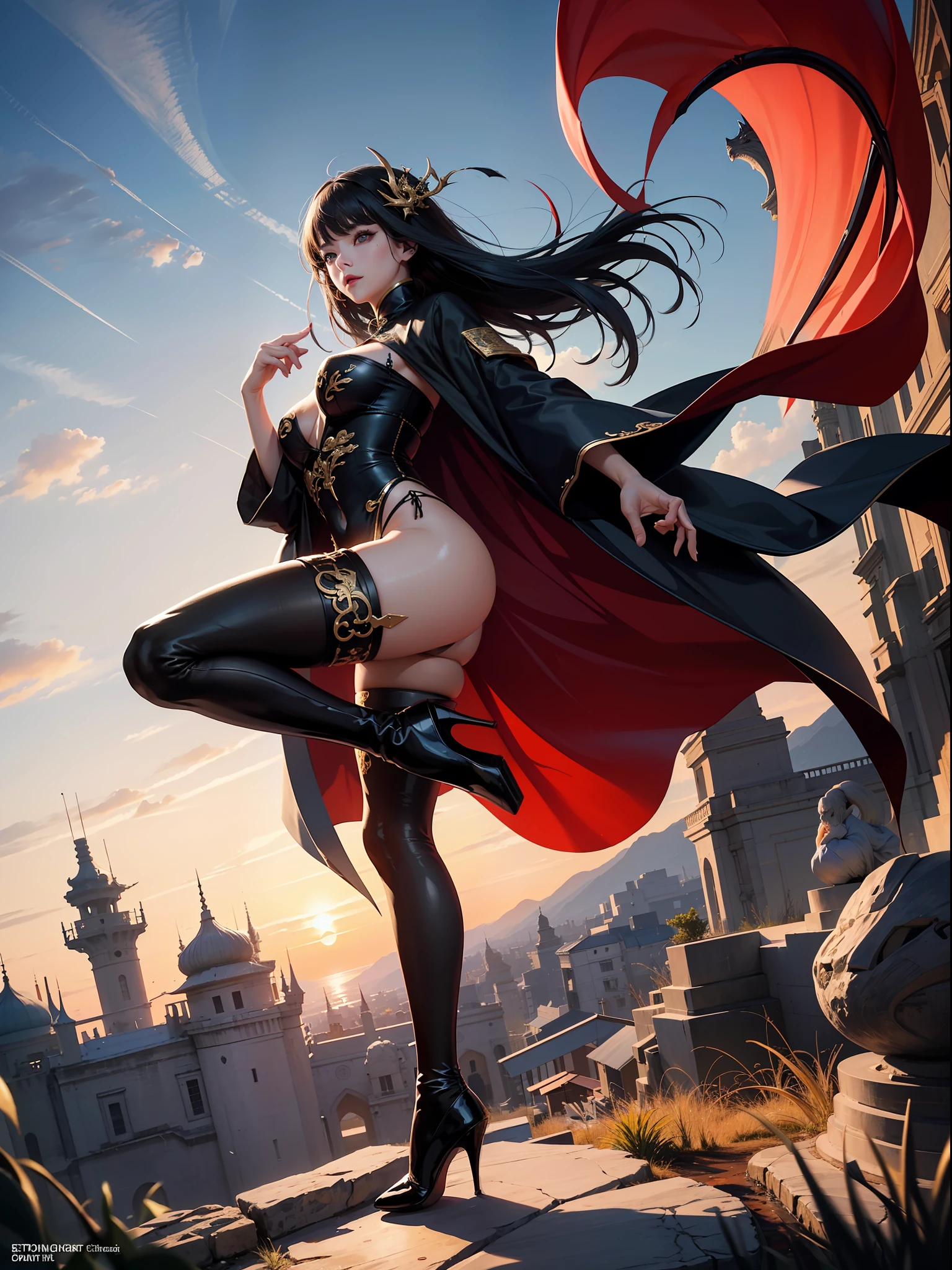 offcial art,统一 8k 壁纸,ultra - detailed,Beauty and aesthetics,tmasterpiece,best qualtiy,1girl,huge tit,China-style,Gorgeous costumes,black pantyhoses,high-heels,Whole body diagram,Dragon,immortal,wonderland,Three eyes,upon the clouds,The is very detailed,dynamic angle,Elegant,vivd colour,romanticism lain,Atmospheric
