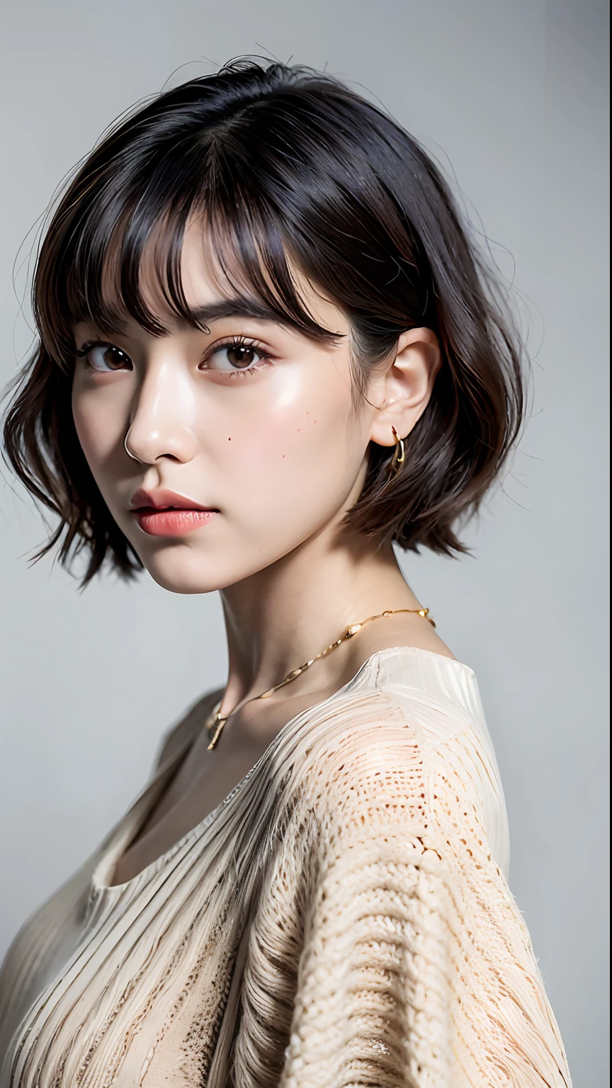 (Best quality, 8k, 32k, Masterpiece, UHD:1.2),Photo of Pretty Japanese woman, large breasts, very short bob hair,upper body,face focus,oversized_sweater, necklace, simple background, from above, looking at viewer,