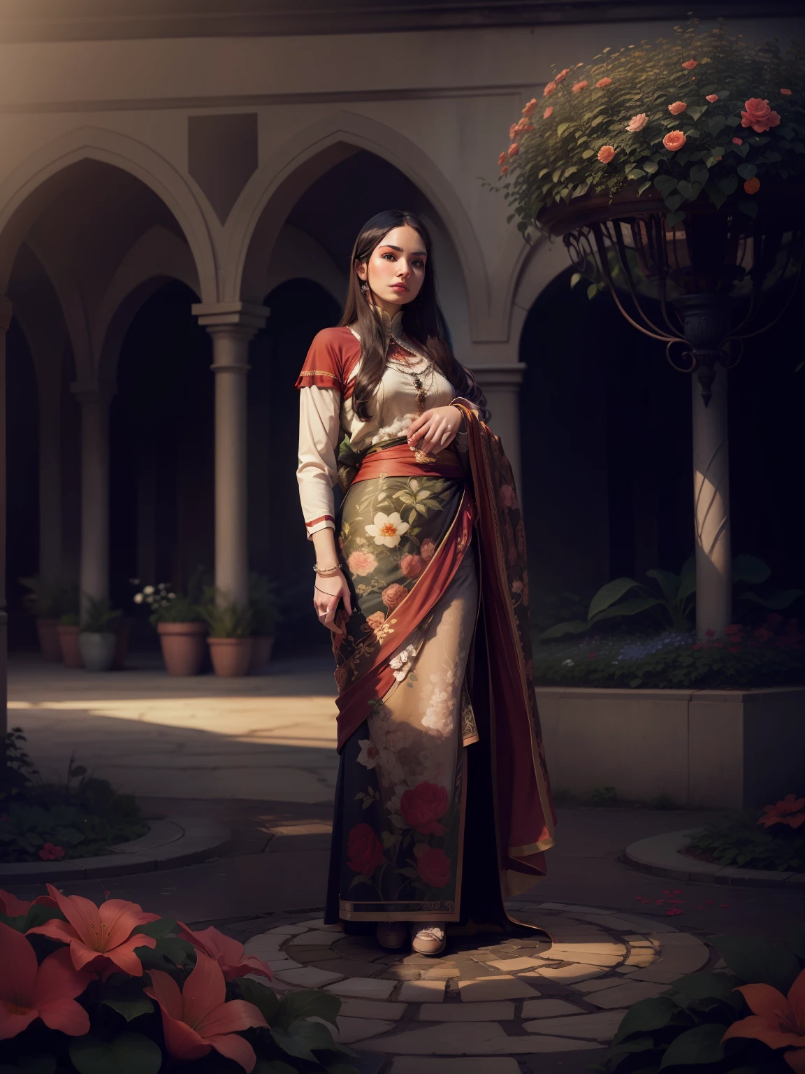 Change the background with beautiful ful garden but not change the model
