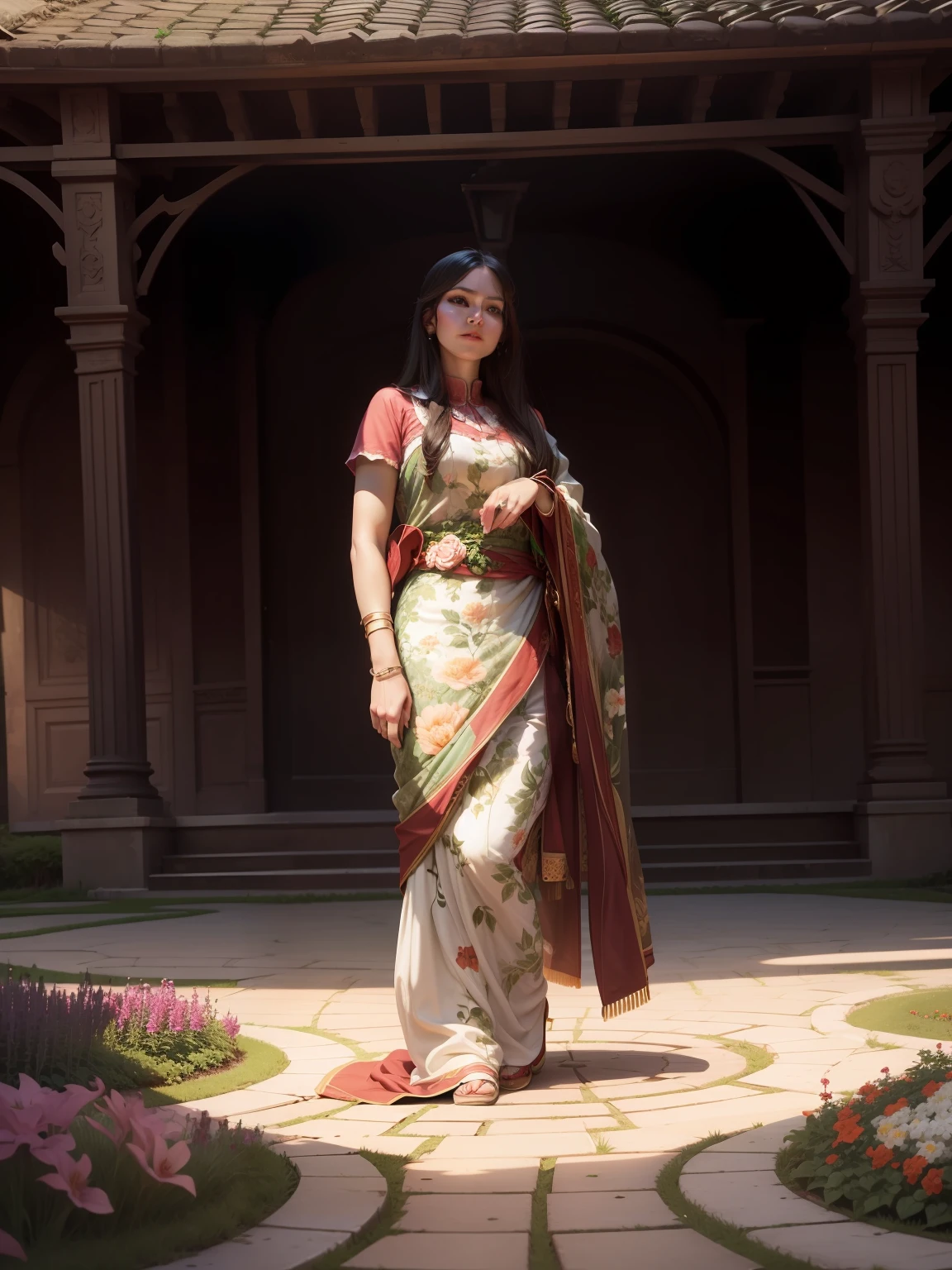 Change the background with beautiful ful garden but not change the model