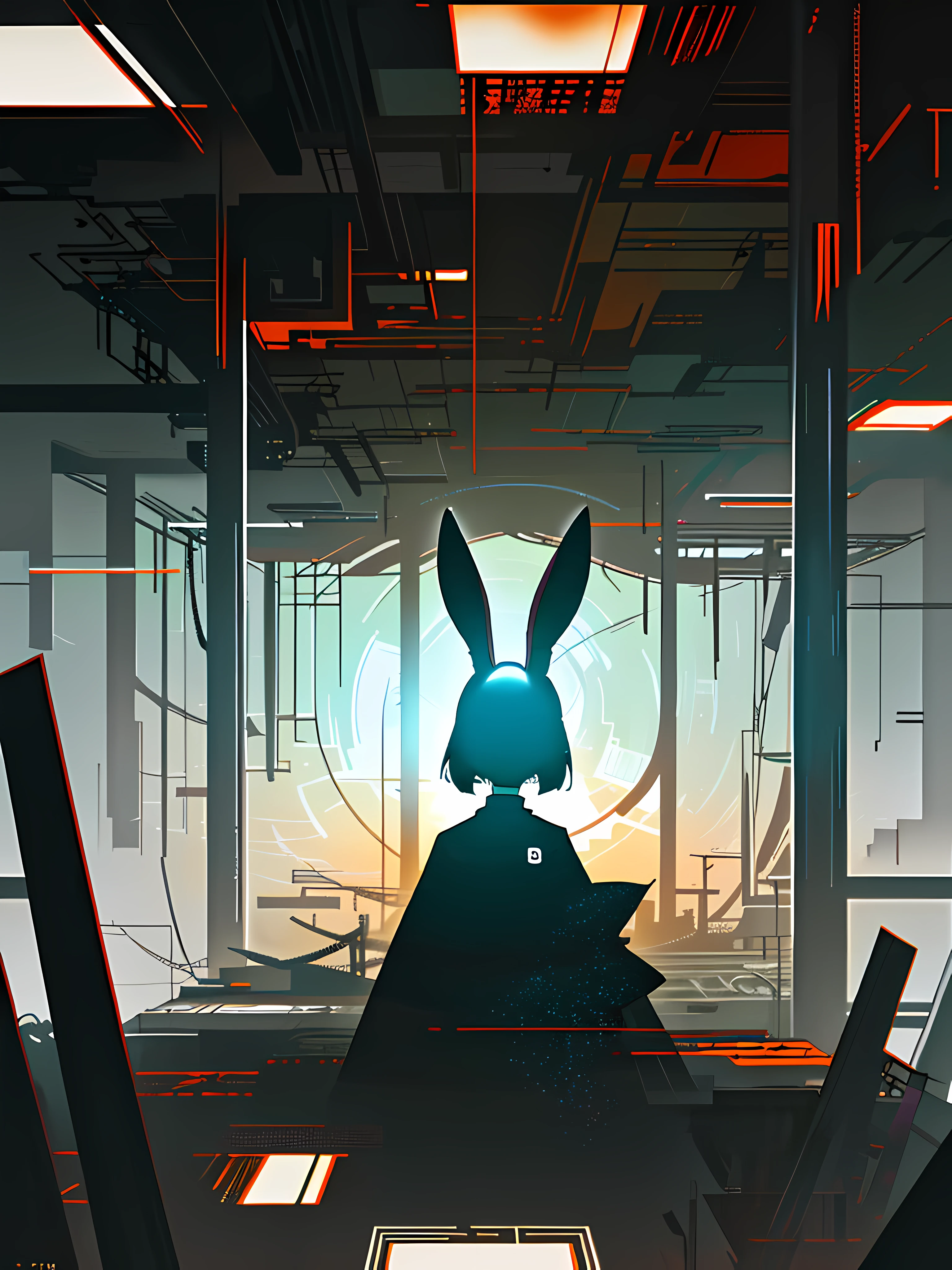 (blame! style abandoned tech landscape), (Zen, Amy Sol style), (underground, dark, foggy, perilous, abandoned dystopian apartment bedroom, deep windows), (abstract anthro rabbit figure wearing bunny ears), cover art with light abstraction, abstract, simple vector art, contemporary Cybernetic art, color gradients, soft color palettes, layered forms, whimsical animation, style Ethereal abstract, 4K, --v6