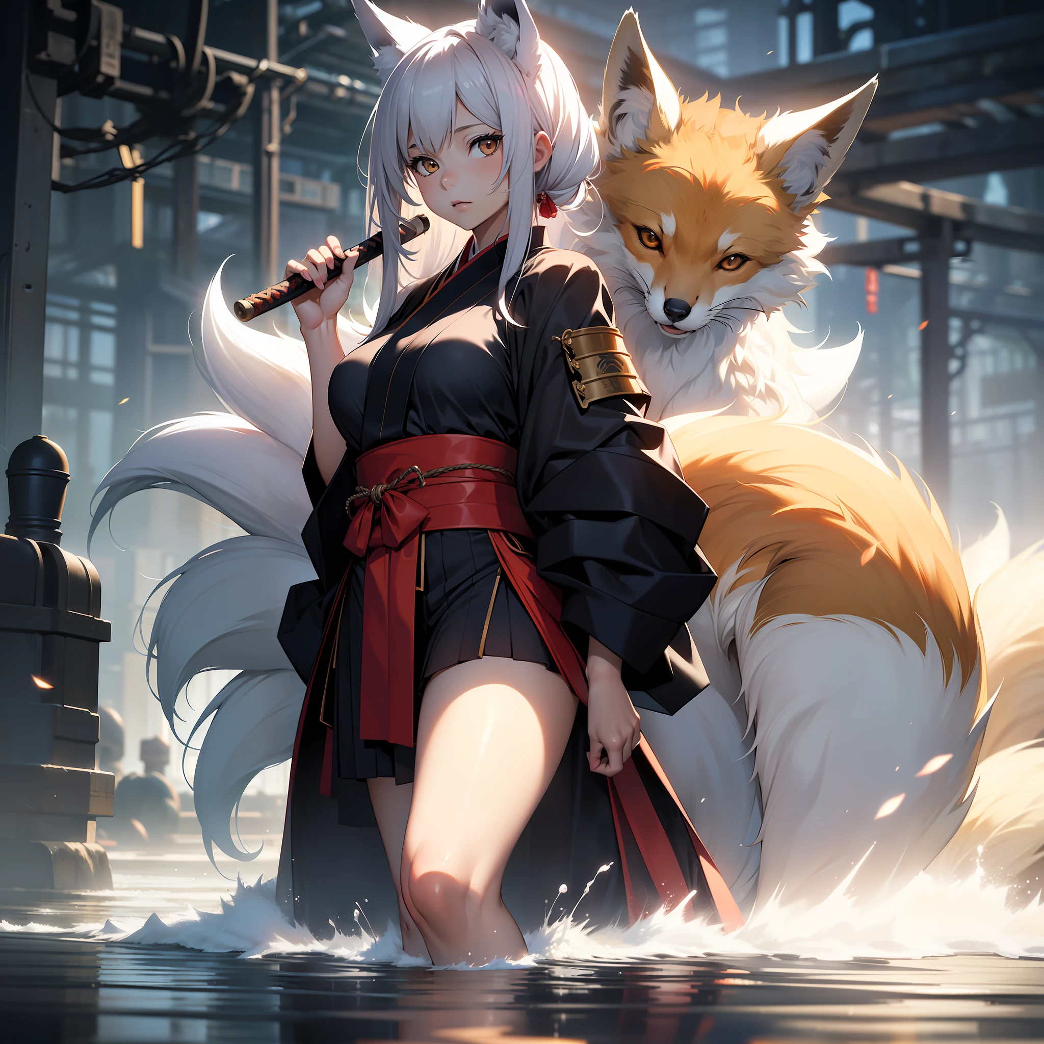 (Best quality), (masterpiece:1.3), (photorealistic:1.36), (realistic), ultra-detailed, 1girl, , (not large tasty:!.4, Small breasts),
This depicts a fox disguised as a girl, dressed in samurai clothing and holding a short straight sword. Behind her floats the huge body of a nine-tailed fox, emitting a hint of darkness,