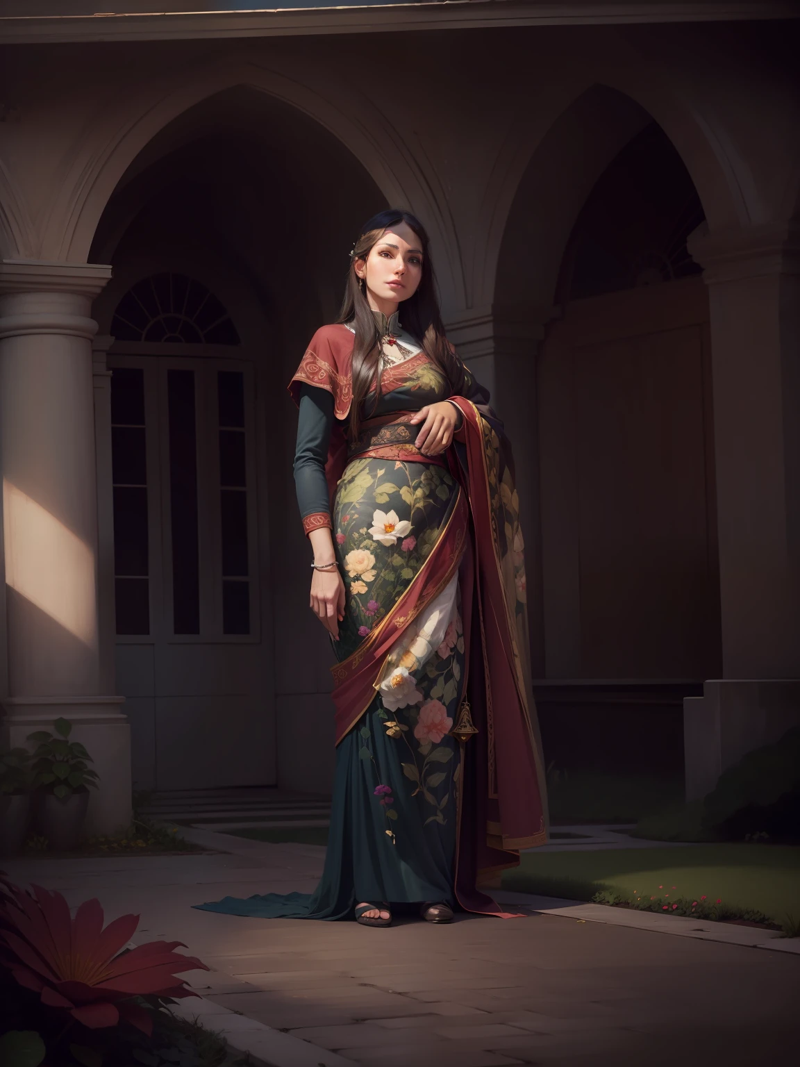 Change the background with beautiful ful garden but not change the model