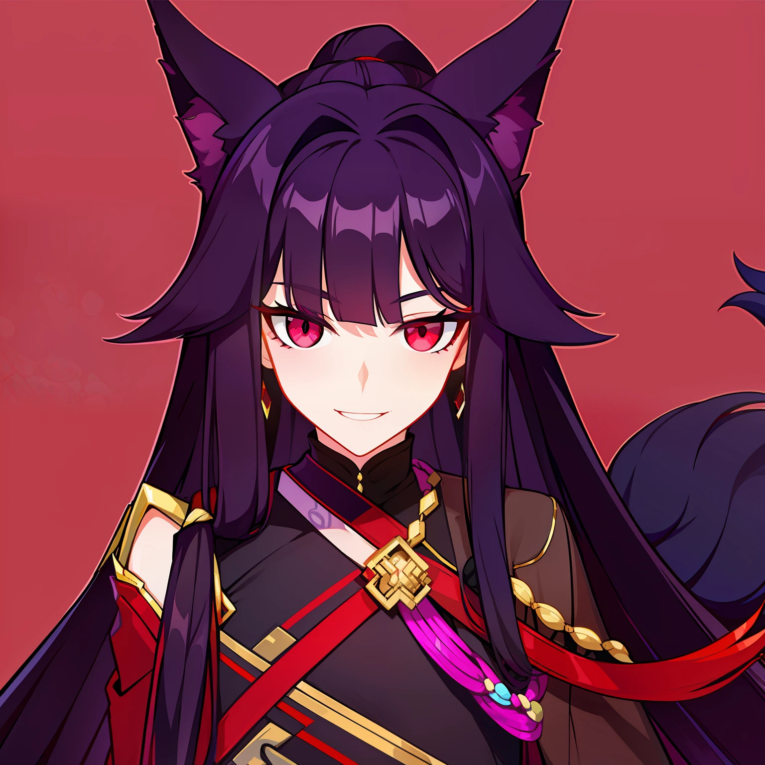 Young guy, pretty facial features, long dark purple hair, half gathered in messy ponytail, half loose, dangerous bright red eyes, black fit clothes with many jewels, fox ears and tail, mad smile