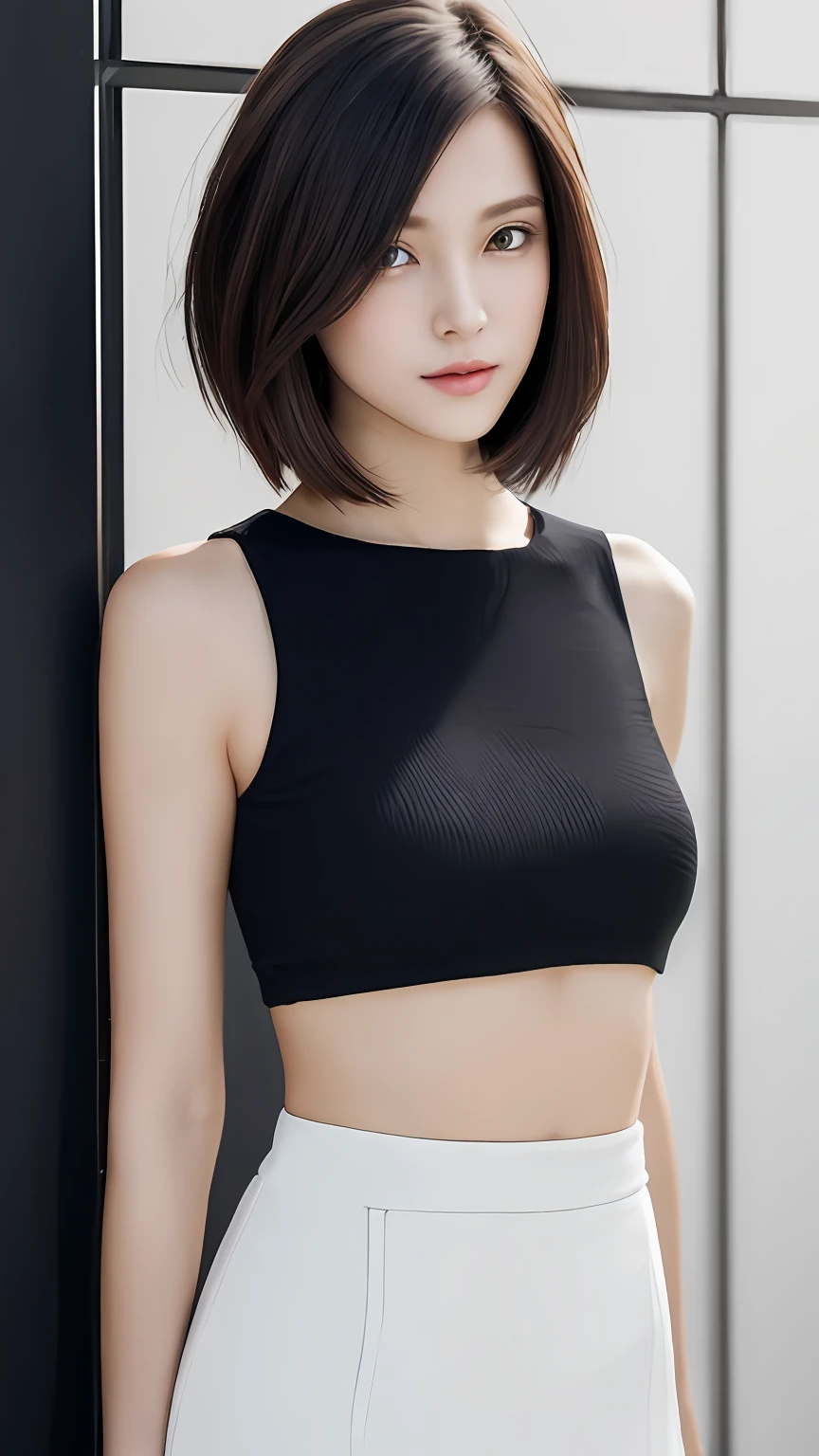 (​masterpiece:1.3), (8K, Photorealsitic, Raw photography, Top image quality: 1.4), japanes, (1girl in), beauitful face, (Lifelike face), (A dark-haired, short-hair:1.3), Beautiful hairstyle, Realistic eyes, Beautiful eyes, (real looking skin), Beautiful skin, enticing, 超A high resolution, A hyper-realistic, high-detail, the golden ratio, Detal Face,see the beholder,middlebreasts,Female Announcer、Tall slender、Beautuful Women、Lower body ultra-thin