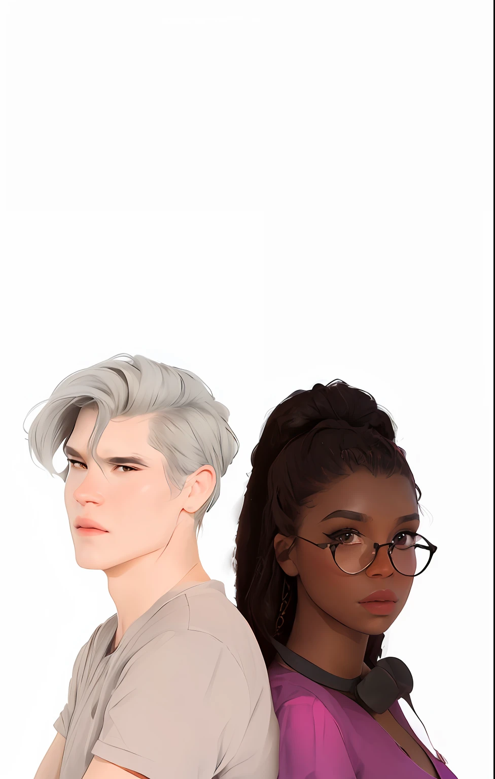 There are two people who are standing next to each other, medium shot of two characters, fan art oficial, fanart oficial, principalmente escala de cinza, fanart de alta qualidade, personagens mesclados, estilo de arte realista, random characters, dois personagens, retrato de meio corpo, sombra realista, no estilo de arte de Bowater, retrato 🎨🖌️ solo, Night sky background scene illustration ((Book in the girl's hand))