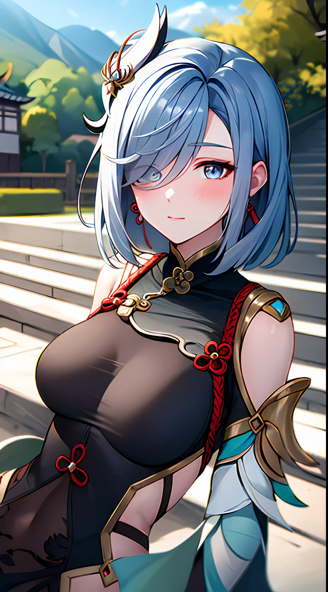shenhedef, upper body, no expression, blush, outdoors, day, liyue house background, blue sky, short hair, sky, temple, looking at viewer, stairs, mountain, moody lighting,