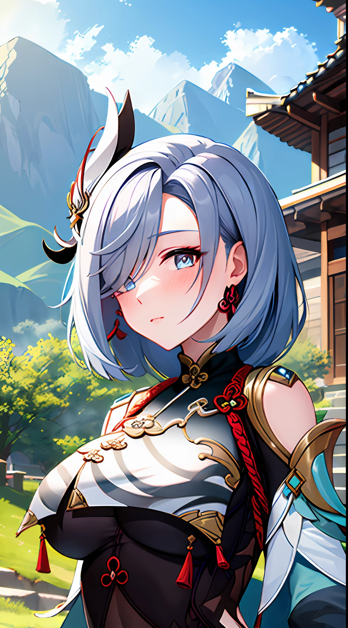 shenhedef, upper body, no expression, blush, outdoors, day, liyue house background, blue sky, short hair, sky, temple, looking at viewer, stairs, mountain, moody lighting,