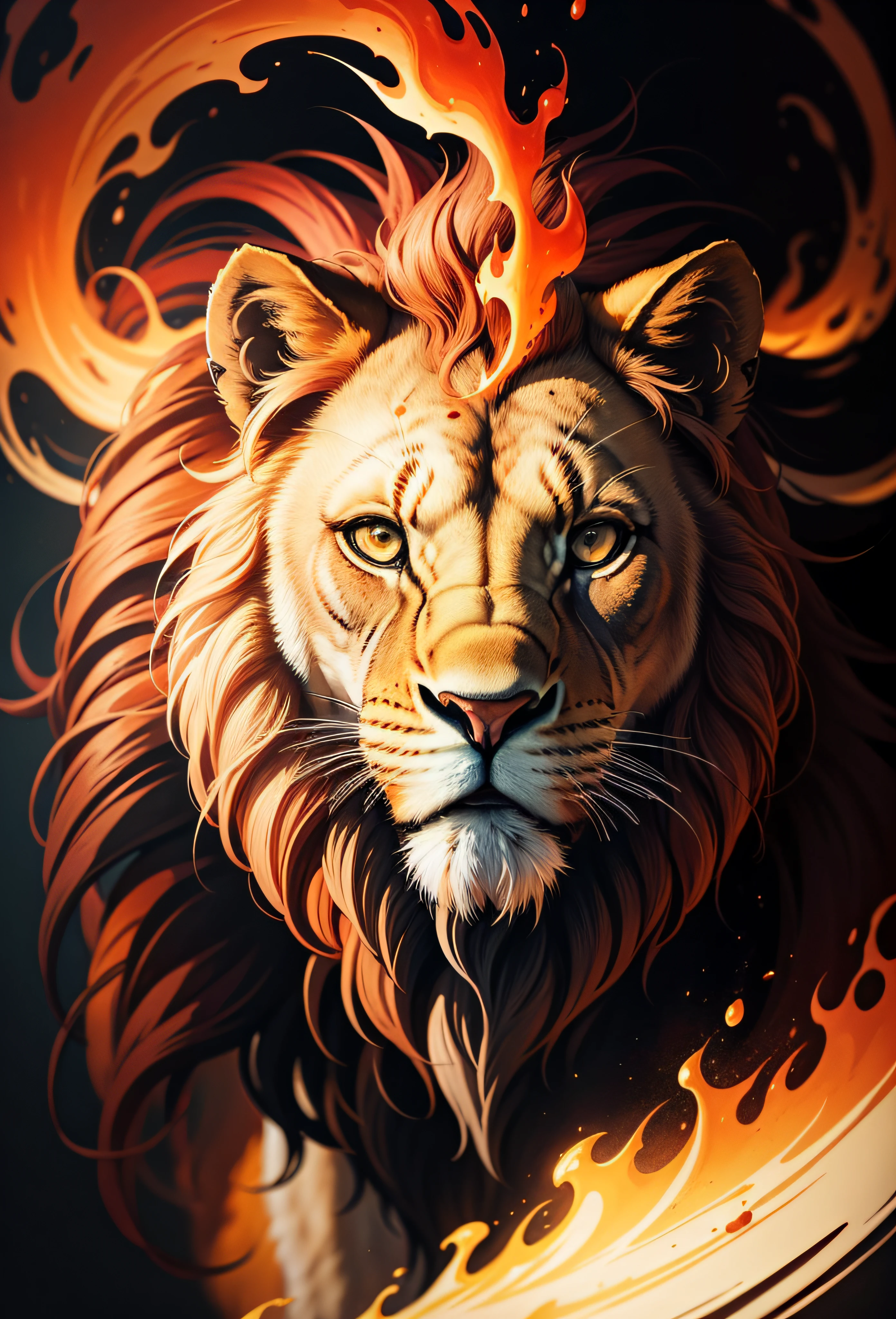 the Lion，Background of flame burning, Abstract beauty, Heavy strokes, paint drips