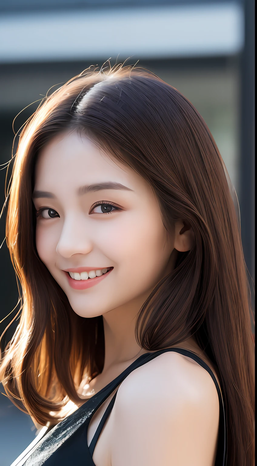 ((Best quality, 8k, Masterpiece :1.3)), 1girl, smiling, full body, slim face, Pretty woman, (Dark brown hair), full length dress :1.1, Ultra-detailed face, Detailed eyes, Double eyelid, blur background, slim face, city, outside, street,