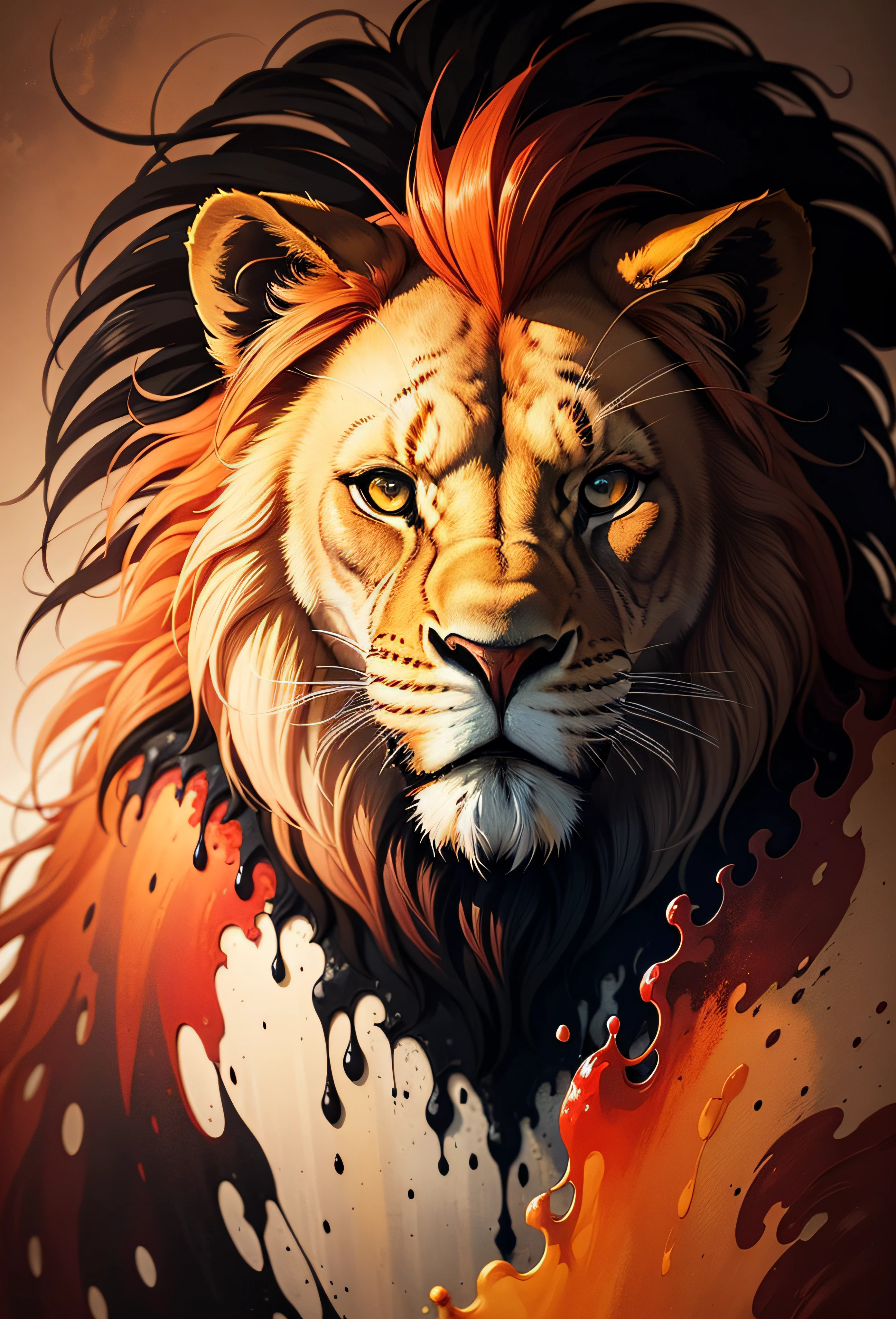 the Lion,Background of flame burning, Abstract beauty, Heavy strokes, paint drips