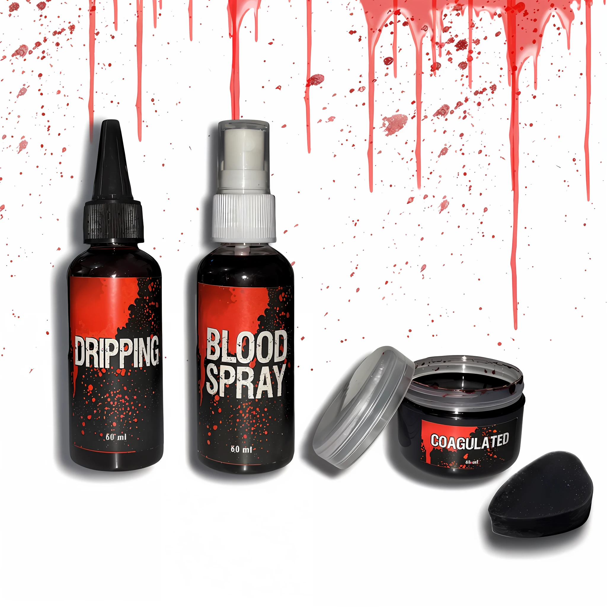 Close-up of a bottle of blood spray and a box of liquid, Blood fog, Blood spraying, Bloody blood splatters, blood spatter, blood spatter, Splashing blood, Blood dripping, Dripping blood, Light blood splatter, Blood droplets, Blood, Blood stains, Blood splattered on both sides, [[Blood]]