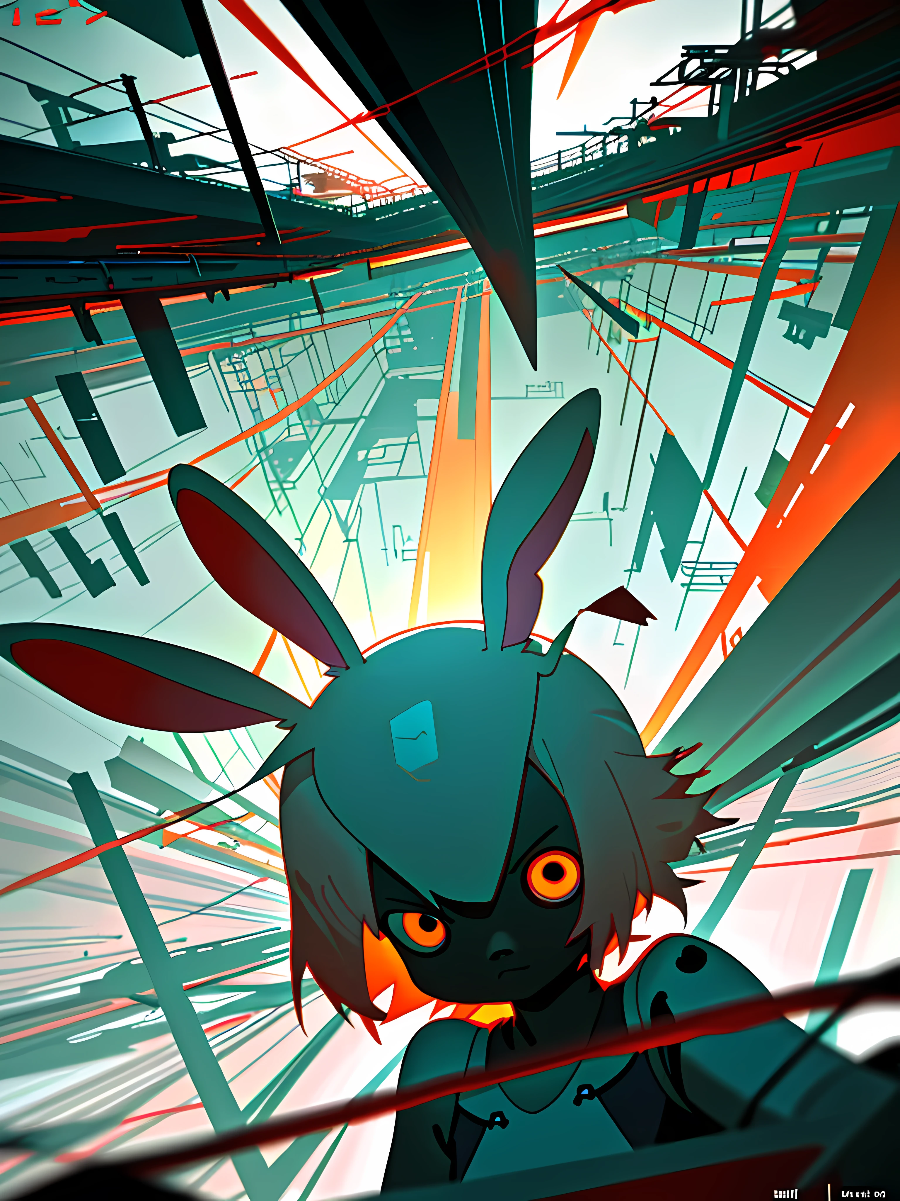 (blame! style abandoned tech landscape), (Zen, Amy Sol style), (underground, dark, foggy, perilous, abandoned dystopian apartment bedroom, deep windows), (abstract anthro rabbit figure wearing bunny ears), cover art with light abstraction, abstract, simple vector art, contemporary Cybernetic art, color gradients, soft color palettes, layered forms, whimsical animation, style Ethereal abstract, 4K, --v6