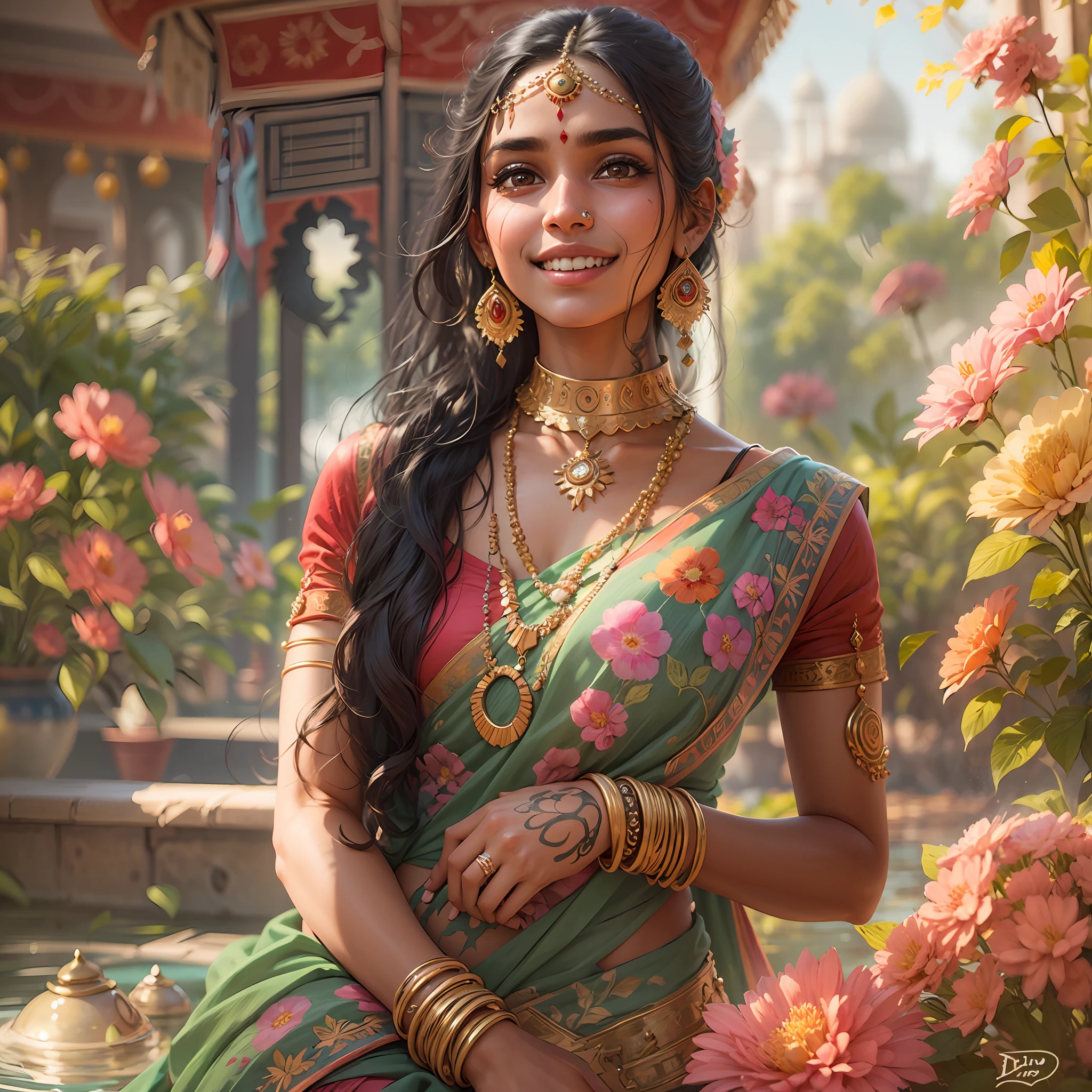 Young Indian girl, delicate and beautiful girl, gentle smile, Dynamic posture, dinamic angle, Women's jewelry, Ornaments, Tatoo, sari, Indian Garden, Sunny day, water, Flowers, hyper realisitc, hyper-detailing, 8K
