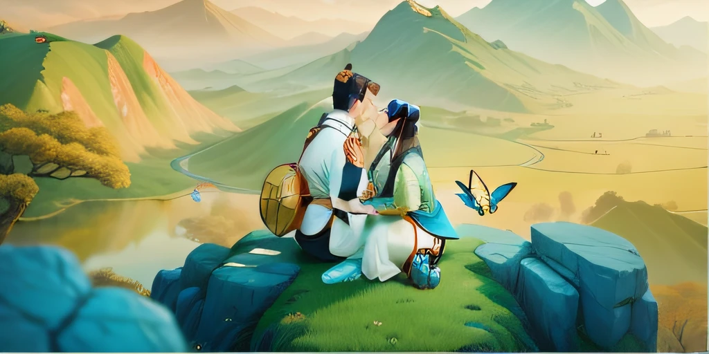 Chinese Gongbi Painting Landscape Background Qingshan Stone Show Ancient Couple Stone Side Golden Butterfly Flying Super Fine