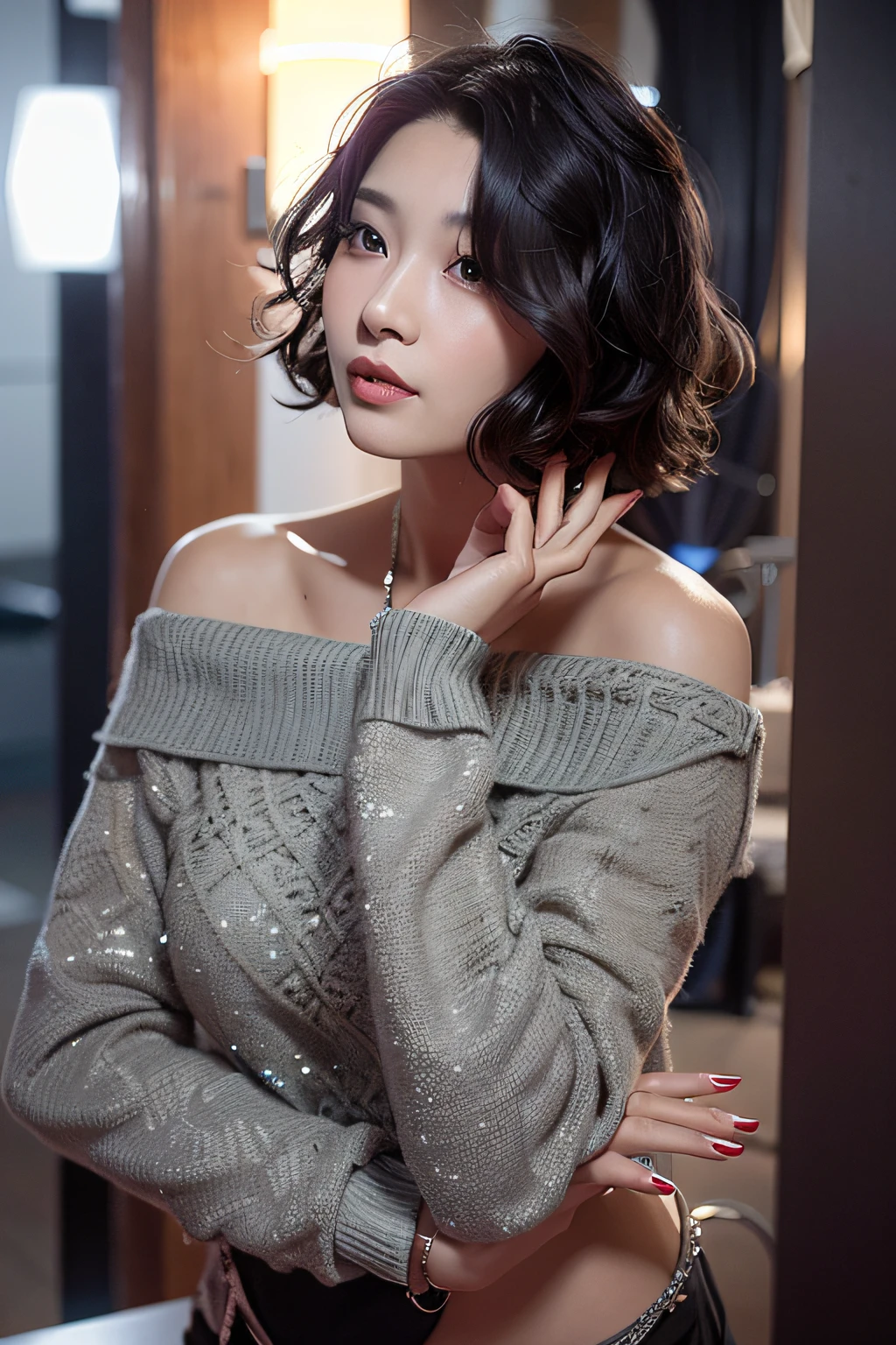 professional photoshooting,Professional lighting,Alafid Asian woman in gray sweater poses for a photo, with short hair, Gorgeous young Korean woman, Wavy shoulder-length hair, 2 4 year old female model, Korean girl, short detailed hair,By bangs, Korean woman, Lovely woman, thick collar, height of 165cm, shoulder - length, beautiful Korean women, Beautiful young Korean woman