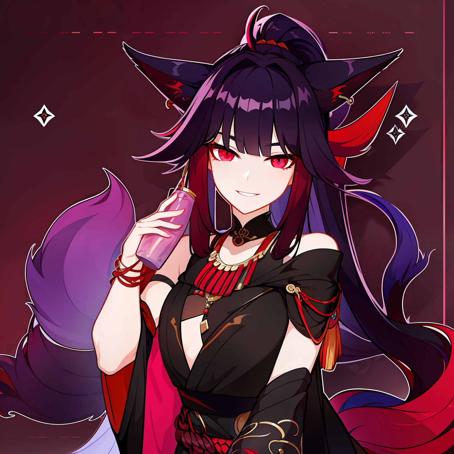 Young guy, pretty facial features, long dark purple hair, half gathered in messy ponytail, half loose, dangerous bright red eyes, black fit clothes with many jewels, fox ears and tail, mad smile