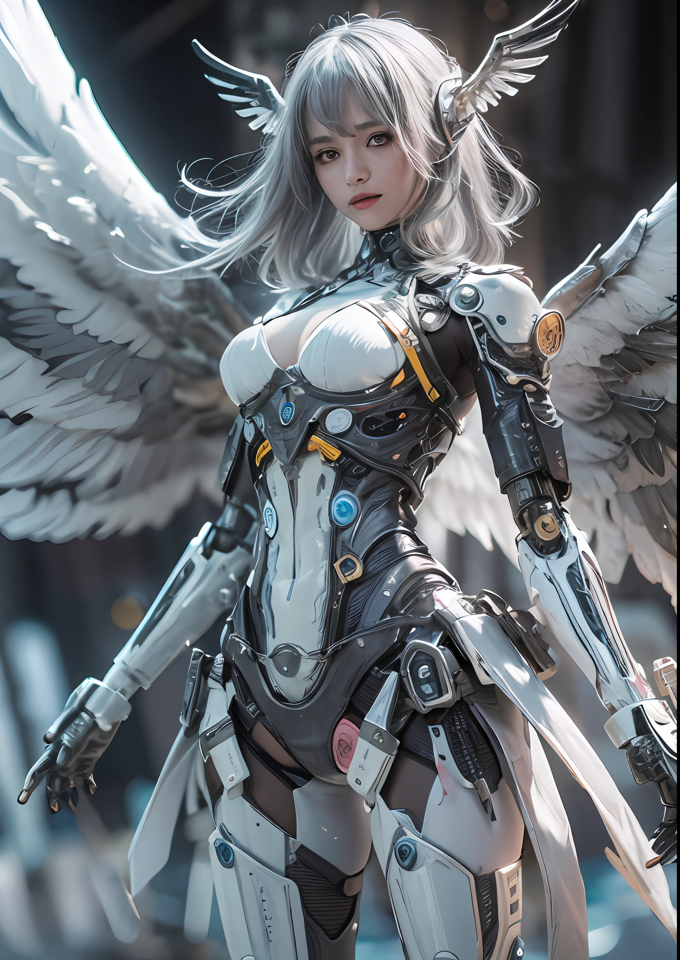 top-quality、masterpiece、超A high resolution、(Photorealsitic:1.4)、Raw photo、Cyborg Angel、large wings made of metal、White porcelain body、white hair、glowy skin、1 Cyborg Girl、((super realistic details))、portlate、globalillumination、Shadow、octan render、8K、ultrasharp、character edge light,Colossal tits、Raw skin is exposed in cleavage、Details of complex ornaments、Detailed hydraulic cylinders from Sumer、Small LED lamp、highly intricate detail、Realistic light、a purple eye、radiant eyes、Facing the camera、neon details、cowboy shot、Futuristic headgear、About Cyberpunk、、
