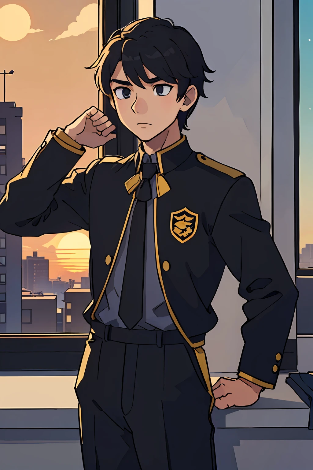 A male student gazes pensively out the window as the sun dips below the horizon, donning a sleek black and gold school uniform.