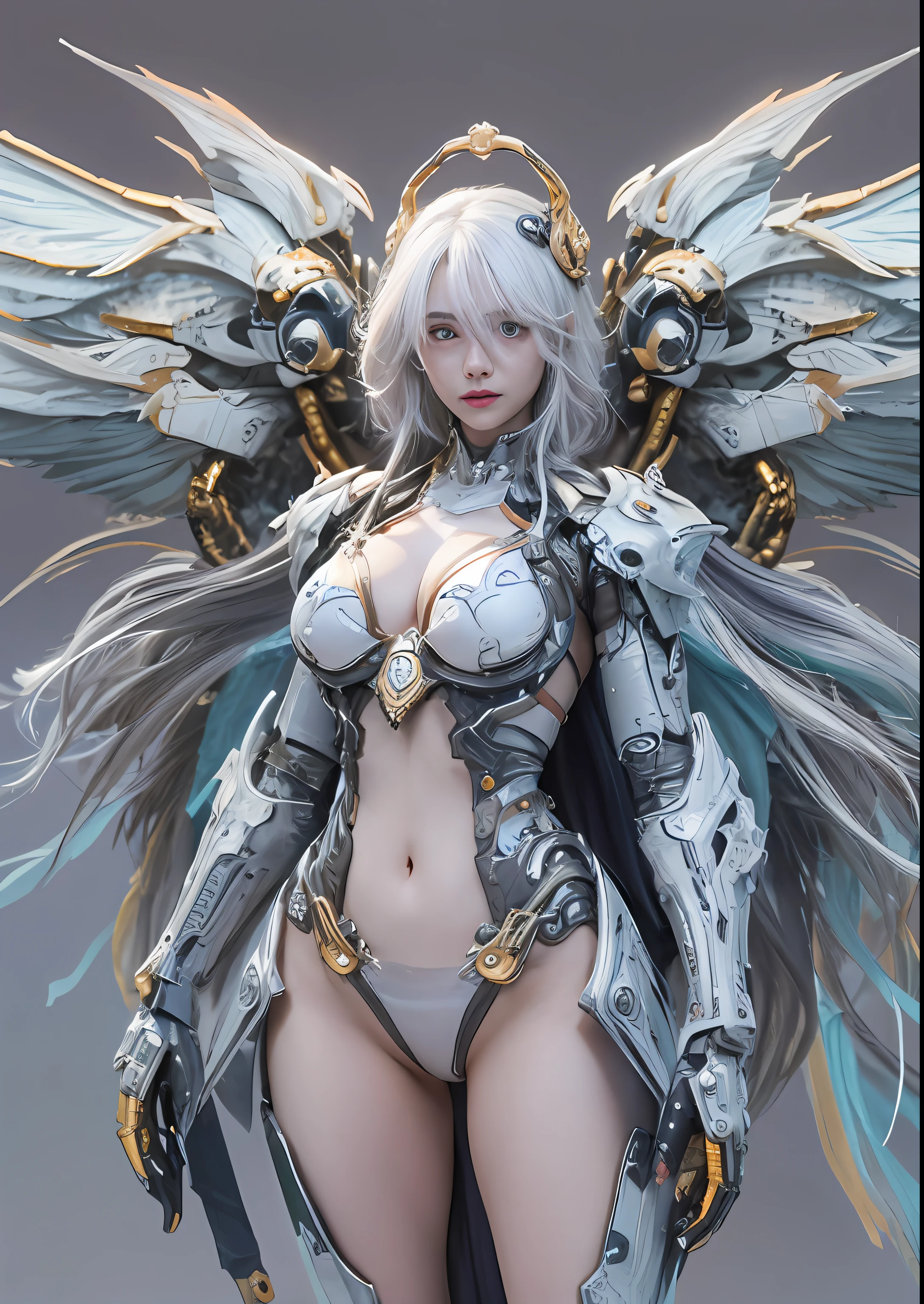 top-quality、masterpiece、超A high resolution、(Photorealsitic:1.4)、Raw photo、Cyborg Angel、large wings made of metal、White porcelain body、white hair、glowy skin、1 Cyborg Girl、((super realistic details))、portlate、globalillumination、Shadow、octan render、8K、ultrasharp、character edge light,Colossal tits、Raw skin is exposed in cleavage、Details of complex ornaments、Detailed hydraulic cylinders from Sumer、Small LED lamp、highly intricate detail、Realistic light、a purple eye、radiant eyes、Facing the camera、neon details、cowboy shot、Futuristic headgear、About Cyberpunk、、