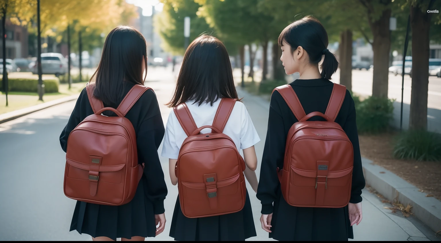 Three elementary school students holding red school bags、Wagas、The tree々、Three elementary school students riding school bags、Residential area, Black hair,from behind, F/4.0, 35 mm, nffsw, masutepiece, ccurate, Anatomically correct, High quality, high details, Super Detail, Textured skin, Best Quality, hight resolution, 1080p, hard disk, 4K, nffsw, masutepiece, ccurate, Anatomically correct, High quality, high details, Super Detail, Textured skin, Best Quality, hight resolution, 1080p, hard disk, 4K