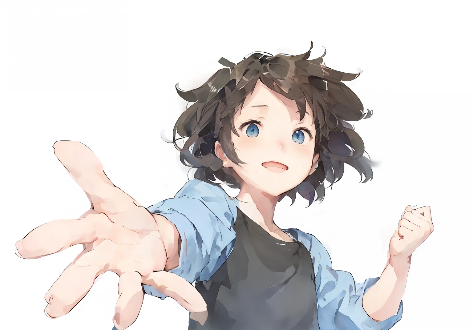 ​masterpiece、best qualtiy、1 week、Beautiful hair(1.5)、Beautiful eyes、Anime character with open mouth and hands raised、Stick out your hand、young anime girl、excited expressions、