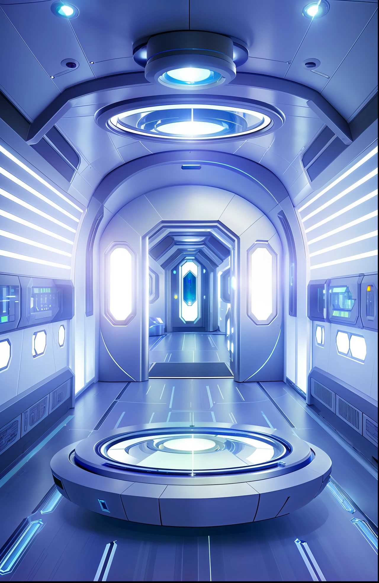 There is a futuristic room with large mirrors and doors, Spaceship corridor background, spaceship hallway, futuristic space ship interrior, high tech space ship interior, futuristic hall, interior of an alien spaceship, sci - fi interior, space station interior, futuristic laboratory, inside a space ship, in a futuristic spaceship, inside a space ship, inside a space ship, Futuristic room
